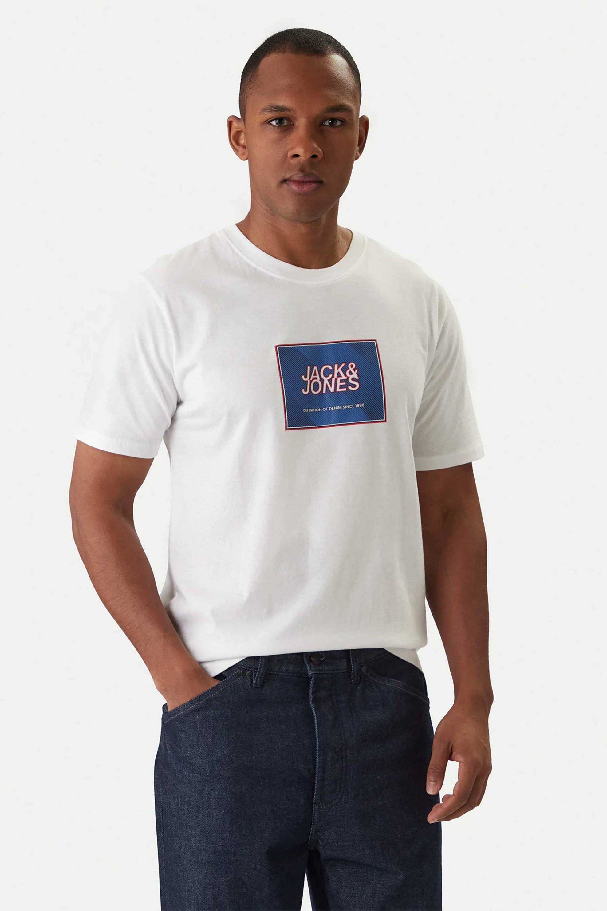 JACK & JONES ανδρικό T-shirt μονόχρωμο με logo print Regular Fit - 12288097 Λευκό