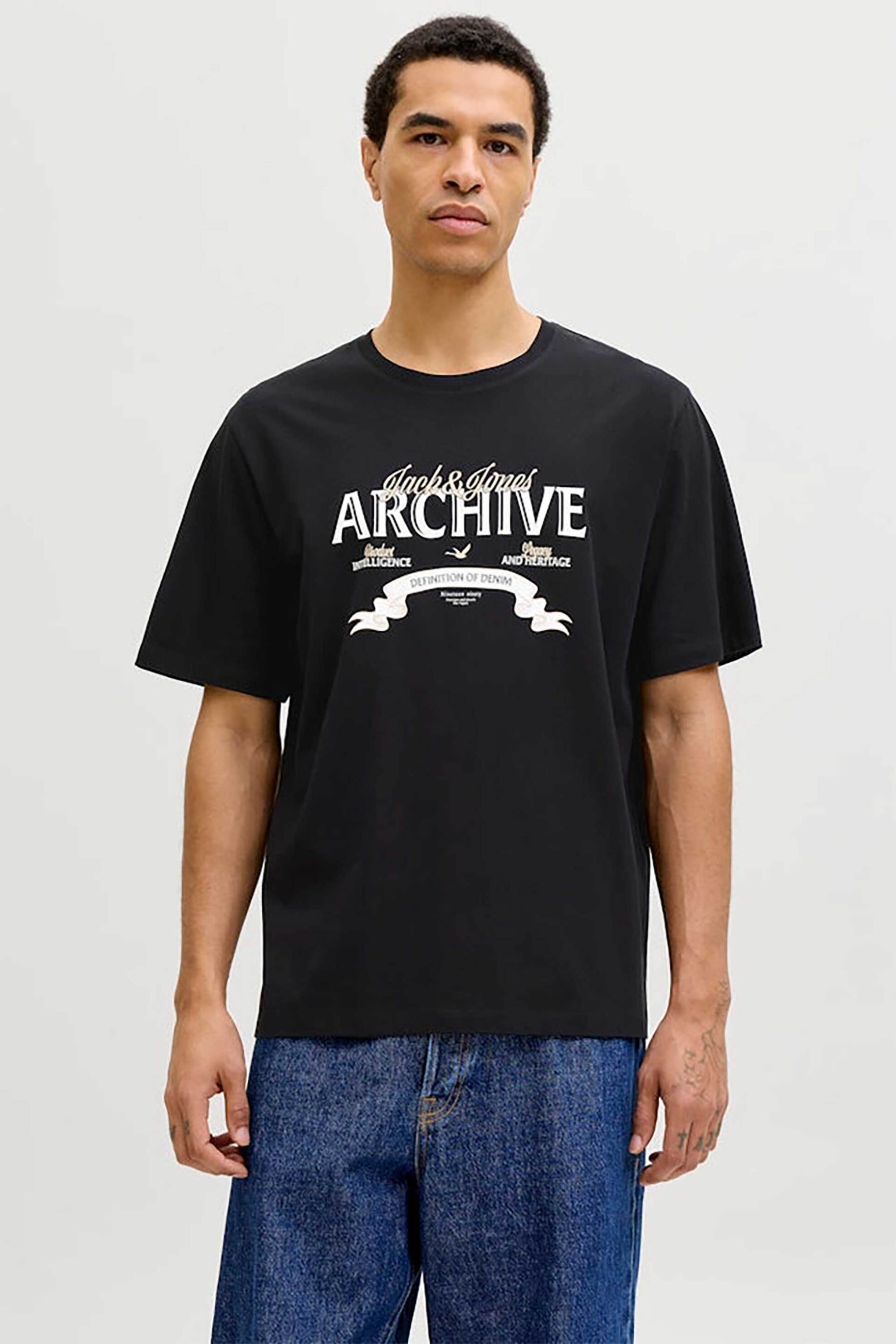 JACK & JONES ανδρικό T-shirt μονόχρωμο με logo print Regular Fit - 12290417 Μαύρο