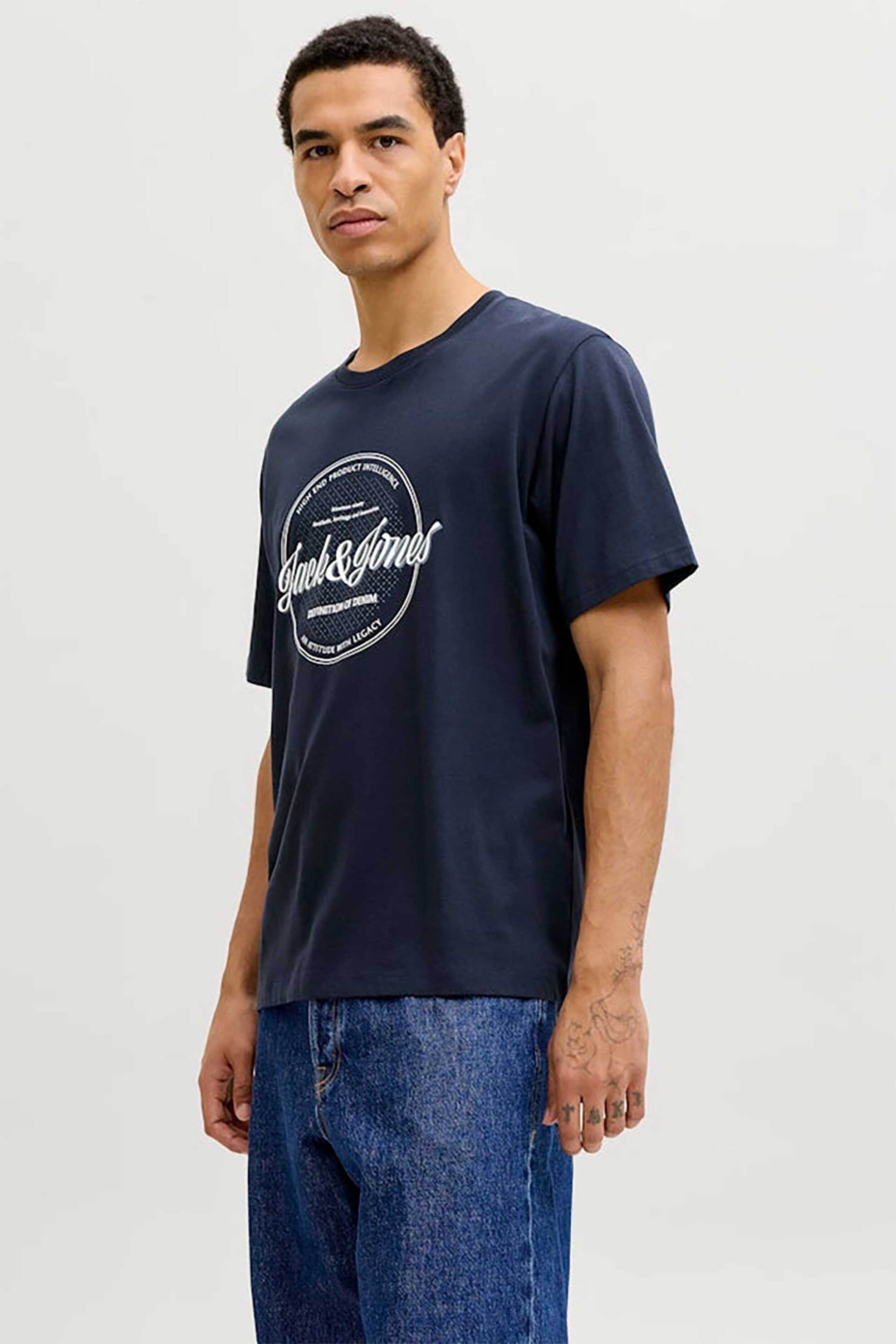 JACK & JONES ανδρικό T-shirt μονόχρωμο με logo print Regular Fit - 12290417 Μπλε Σκούρο