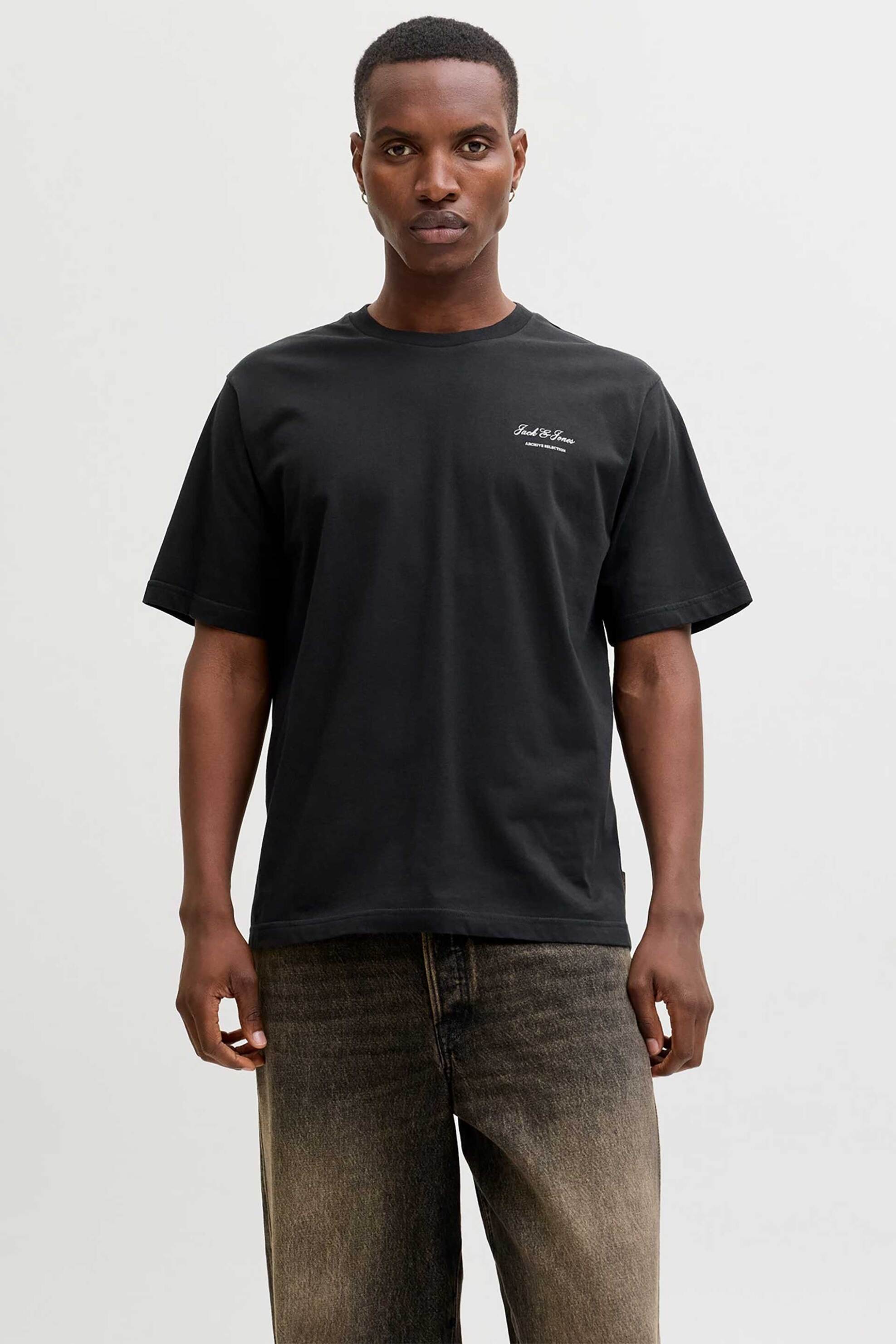 JACK & JONES ανδρικό T-shirt μονόχρωμο με logo print Regular Fit - 12287990 Μαύρο
