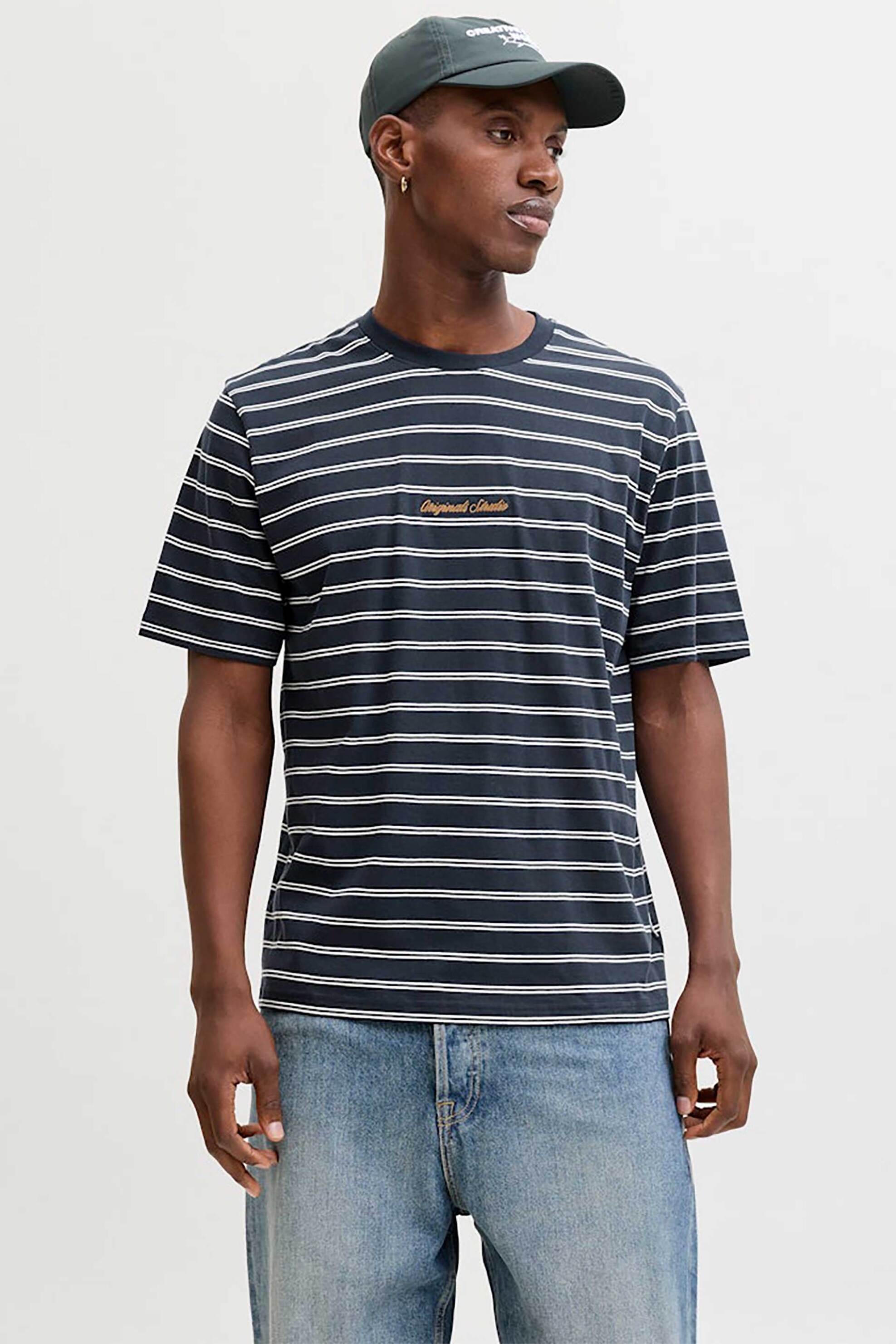 JACK & JONES ανδρικό T-shirt με ριγέ σχέδιο και λογότυπο Relaxed Fit - 12291021 Μπλε Σκούρο