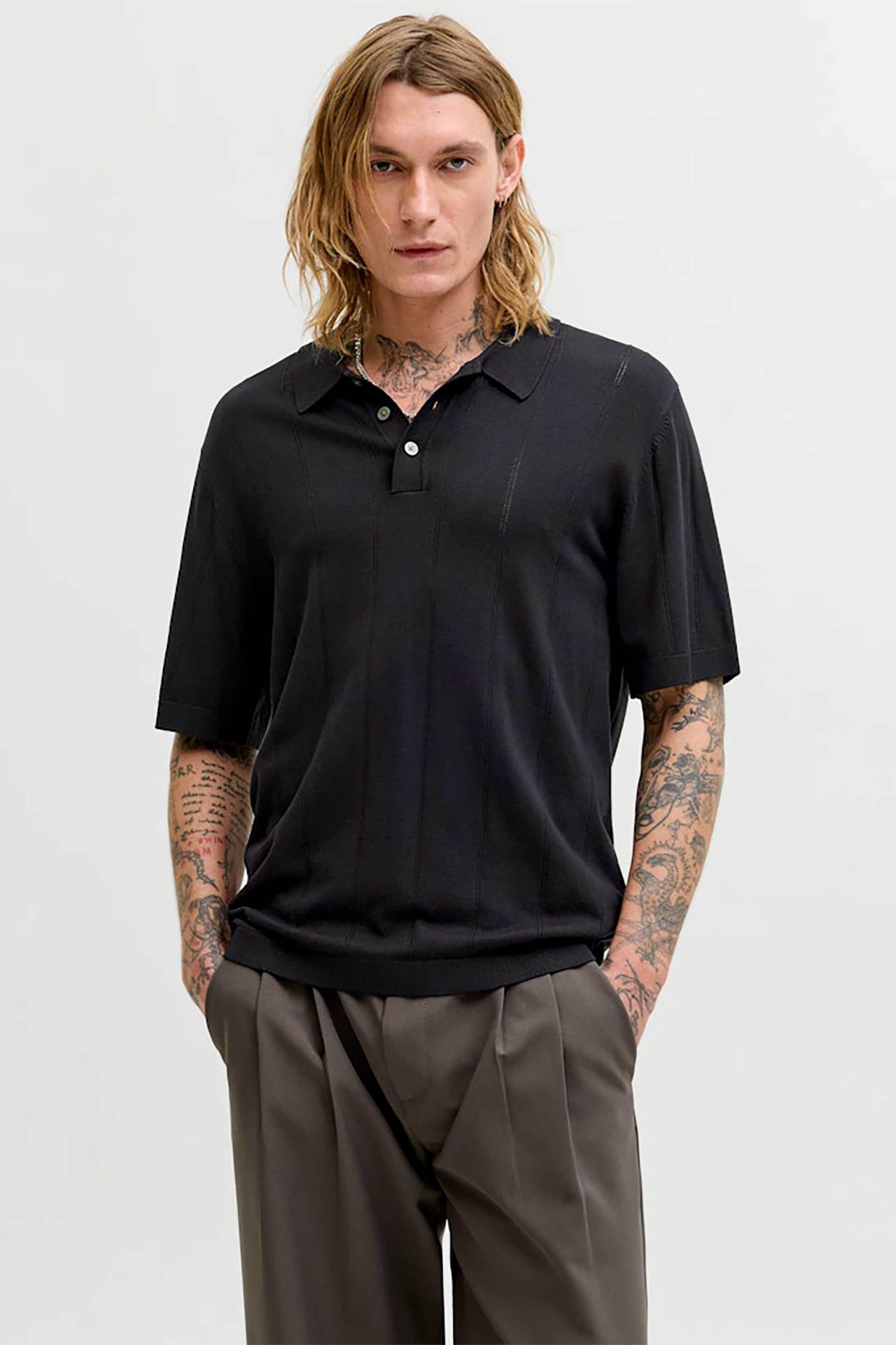 JACK & JONES ανδρική πλεκτή μπλούζα πόλο structured Regular Fit - 12291042 Μαύρο
