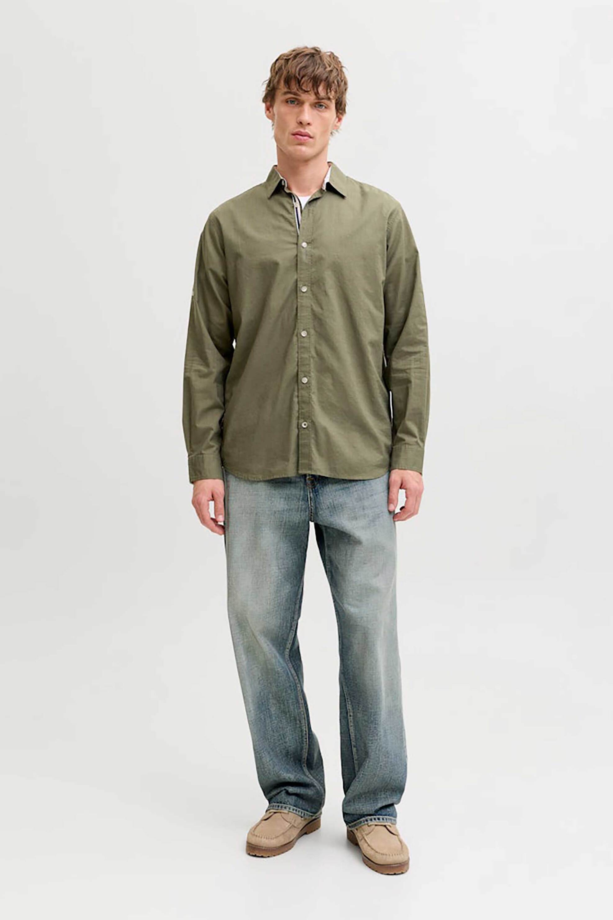 JACK & JONES ανδρικό πουκάμισο με roll-up μανίκια Regular Fit - 12289197 Λαδί