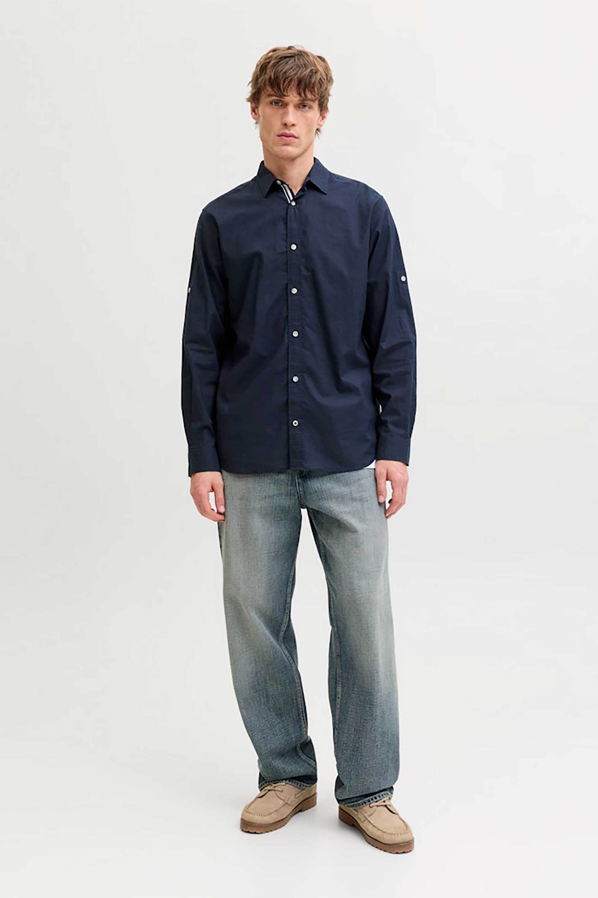 JACK & JONES ανδρικό πουκάμισο με roll-up μανίκια Regular Fit - 12289197 Μπλε Σκούρο