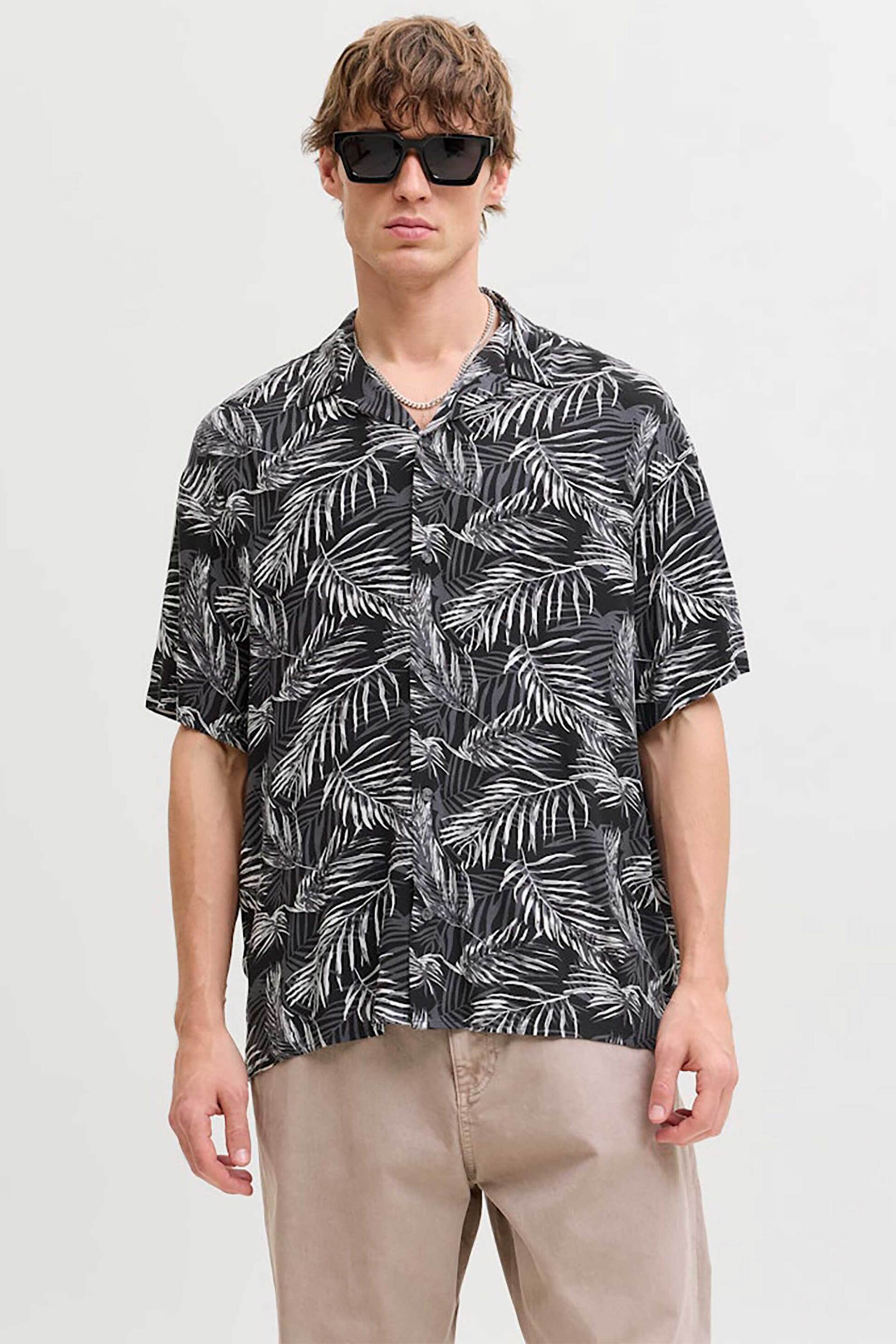 JACK & JONES ανδρικό κοντομάνικο πουκάμισο με floral print Relaxed Fit - 12288854 Μαύρο