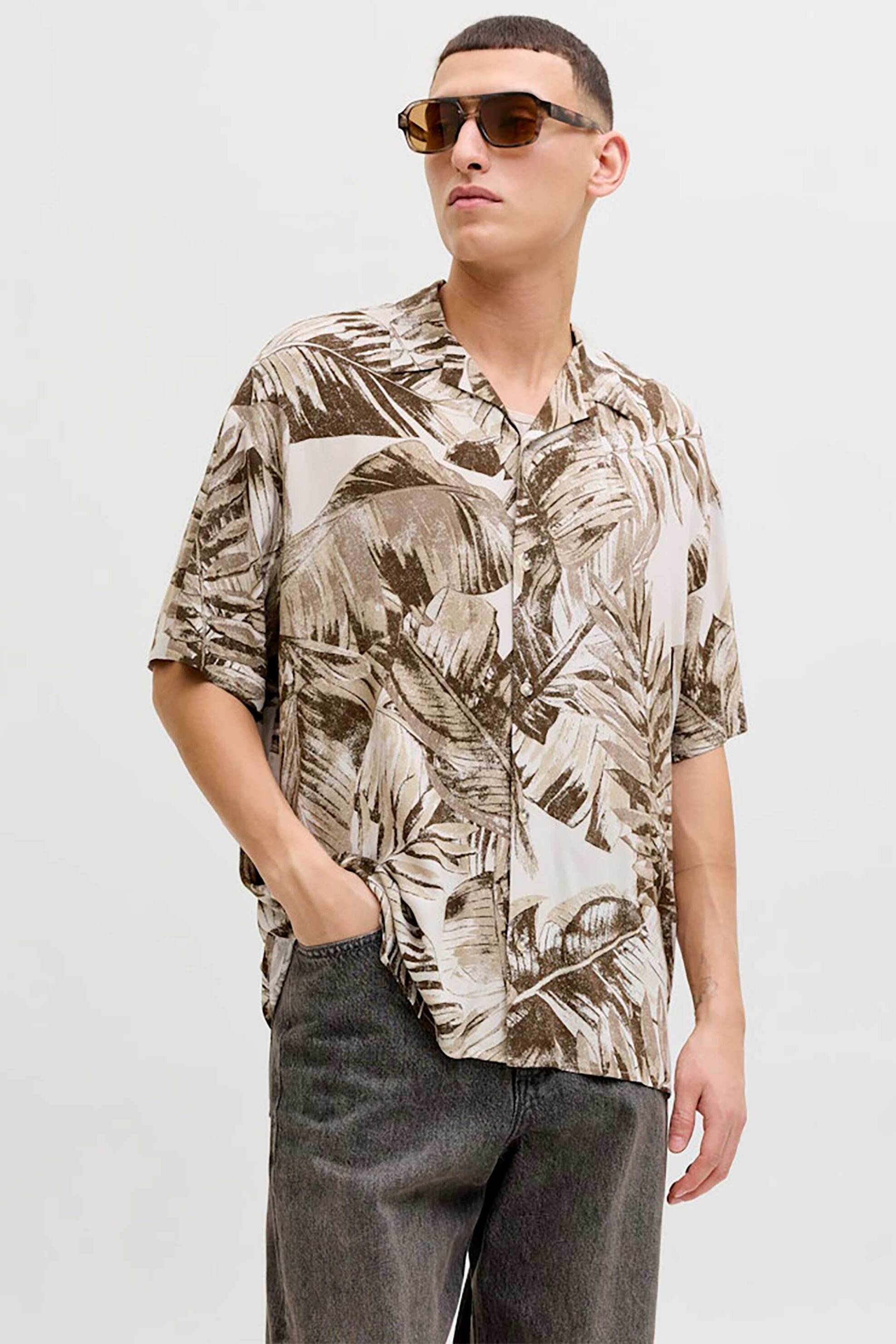 JACK & JONES ανδρικό κοντομάνικο πουκάμισο με floral print Relaxed Fit - 12288854 Εκρού