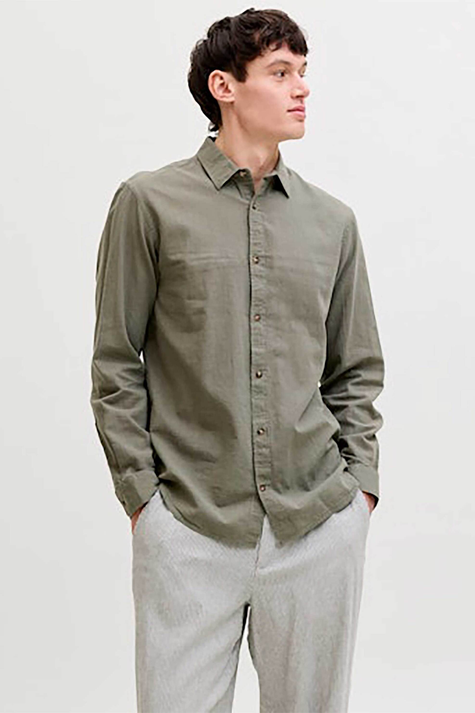 JACK & JONES ανδρικό πουκάμισο μονόχρωμο Regular Fit - 12289174 Λαδί