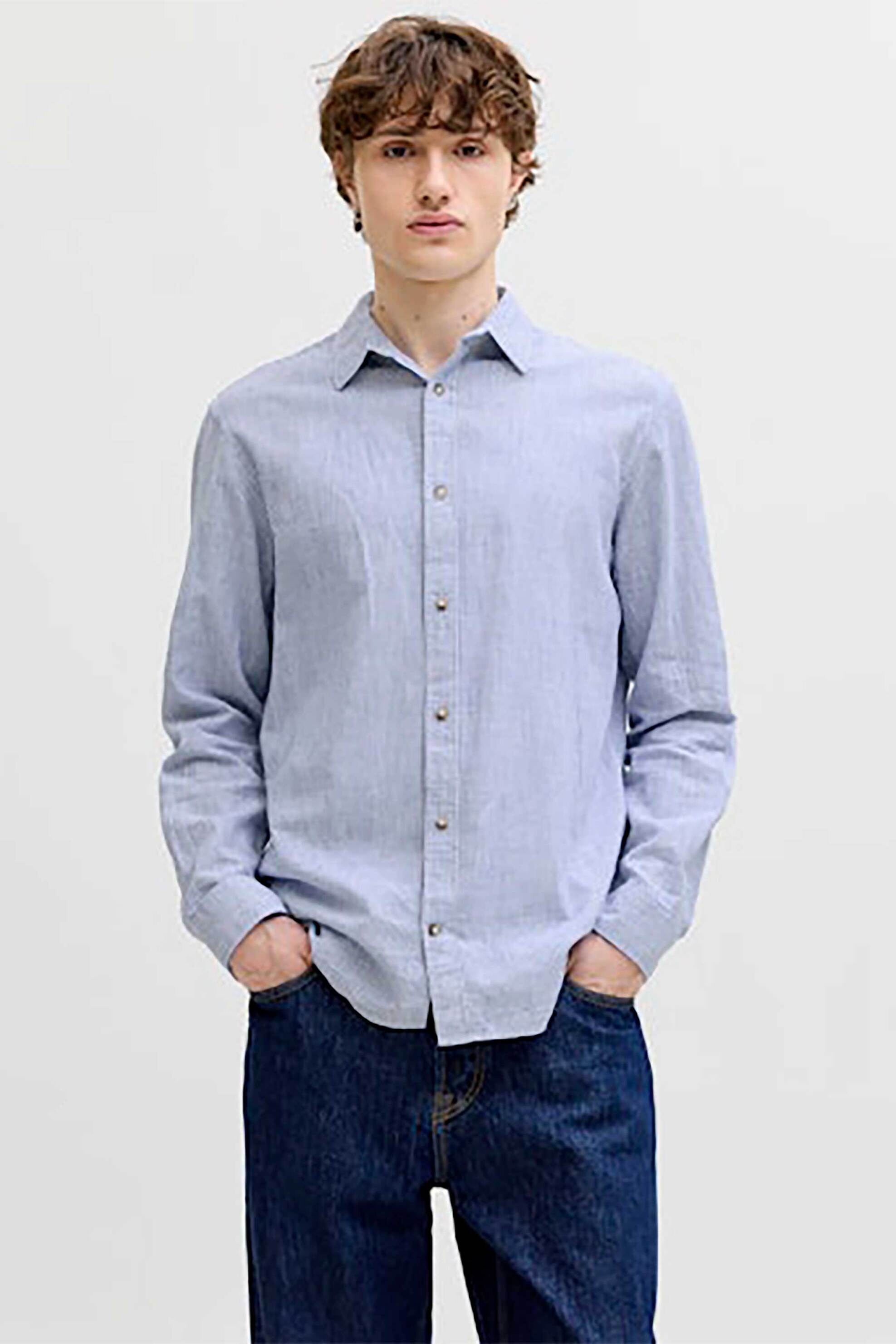 JACK & JONES JACK & JONES ανδρικό πουκάμισο μονόχρωμο Regular Fit - 12289174 Μπλε Ανοιχτό