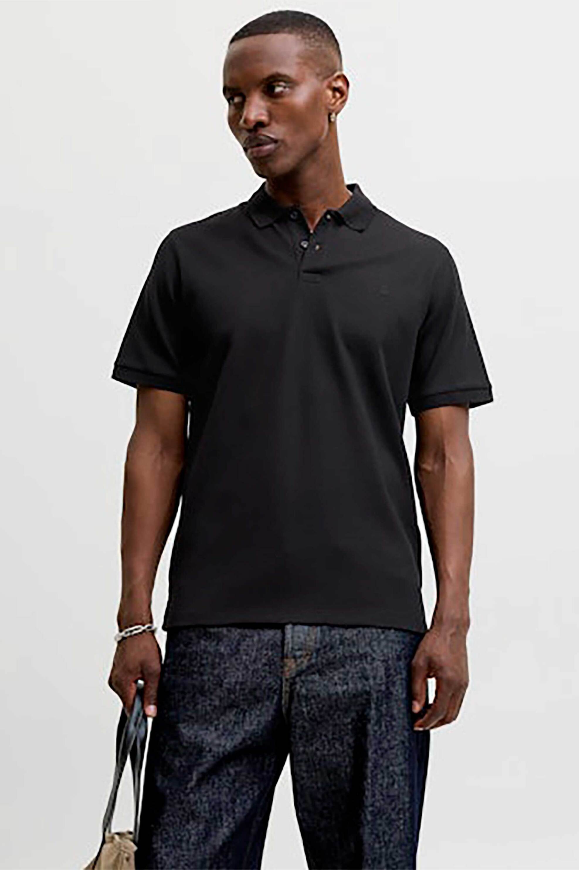 JACK & JONES ανδρική μπλούζα πόλο με waffle pattern και κεντημένο monogram Regular Fit - 12268130 Μαύρο