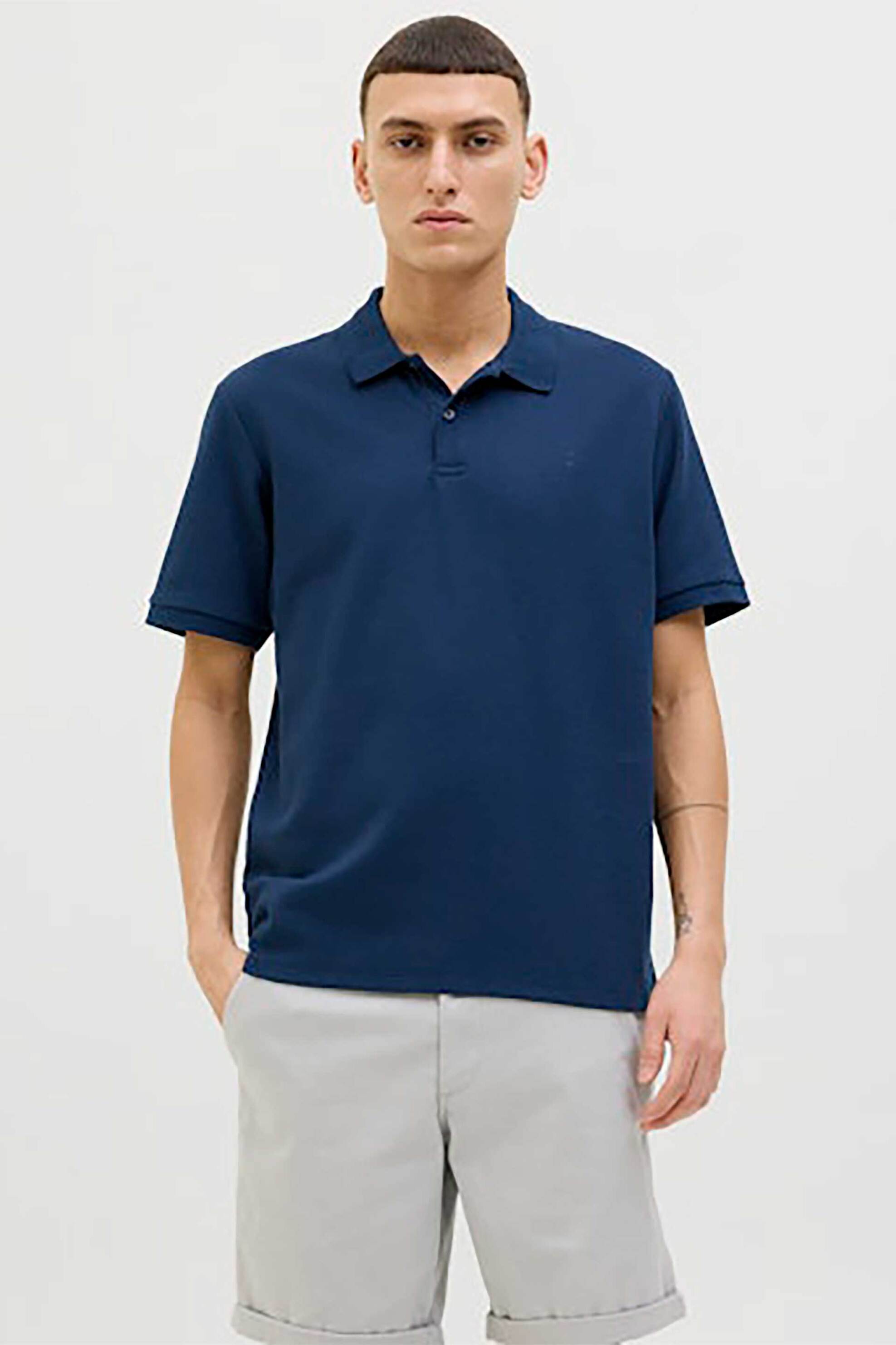 JACK & JONES ανδρική μπλούζα πόλο με waffle pattern και κεντημένο monogram Regular Fit - 12268130 Μπλε Σκούρο