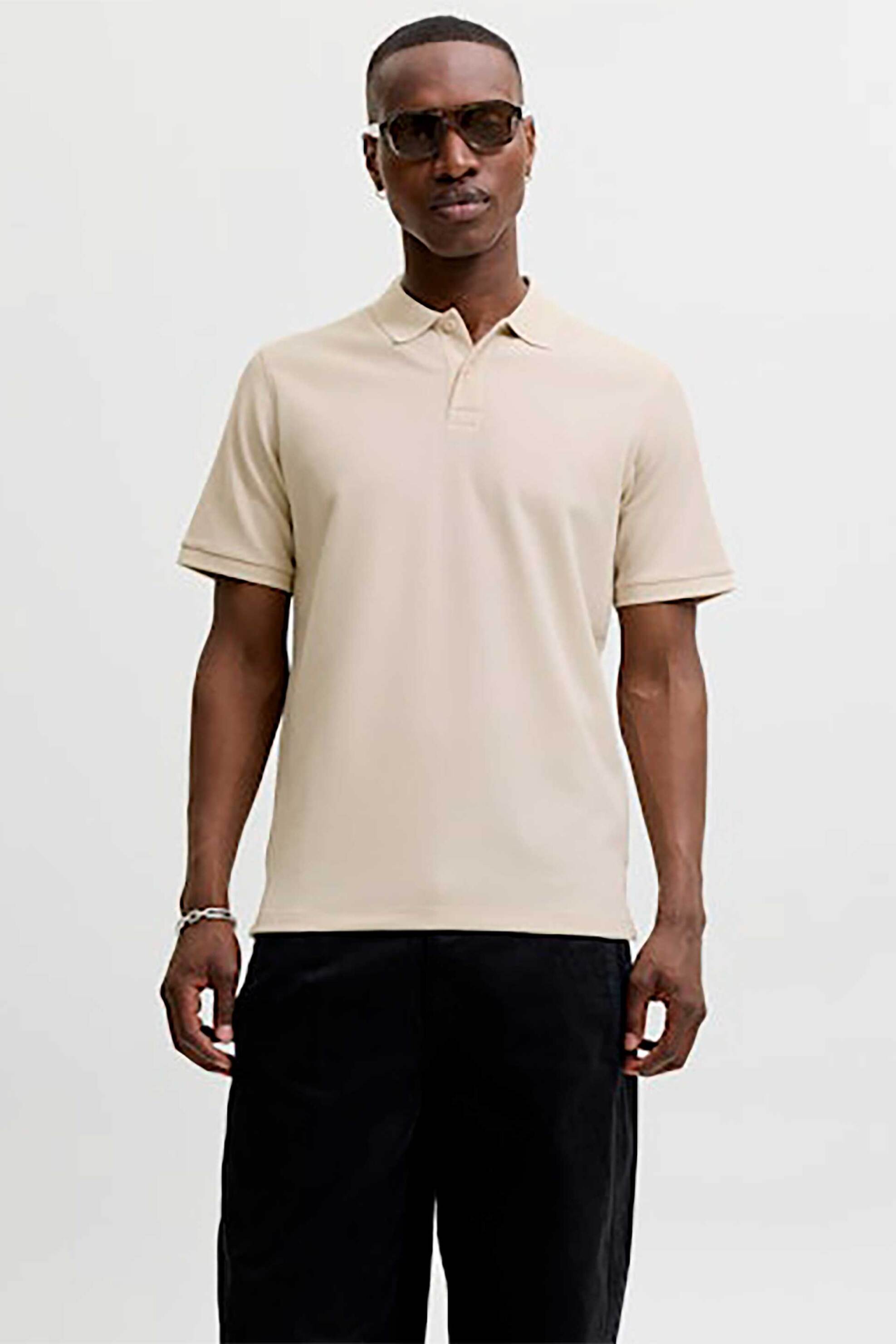 JACK & JONES ανδρική μπλούζα πόλο με waffle pattern και κεντημένο monogram Regular Fit - 12268130 Μπεζ