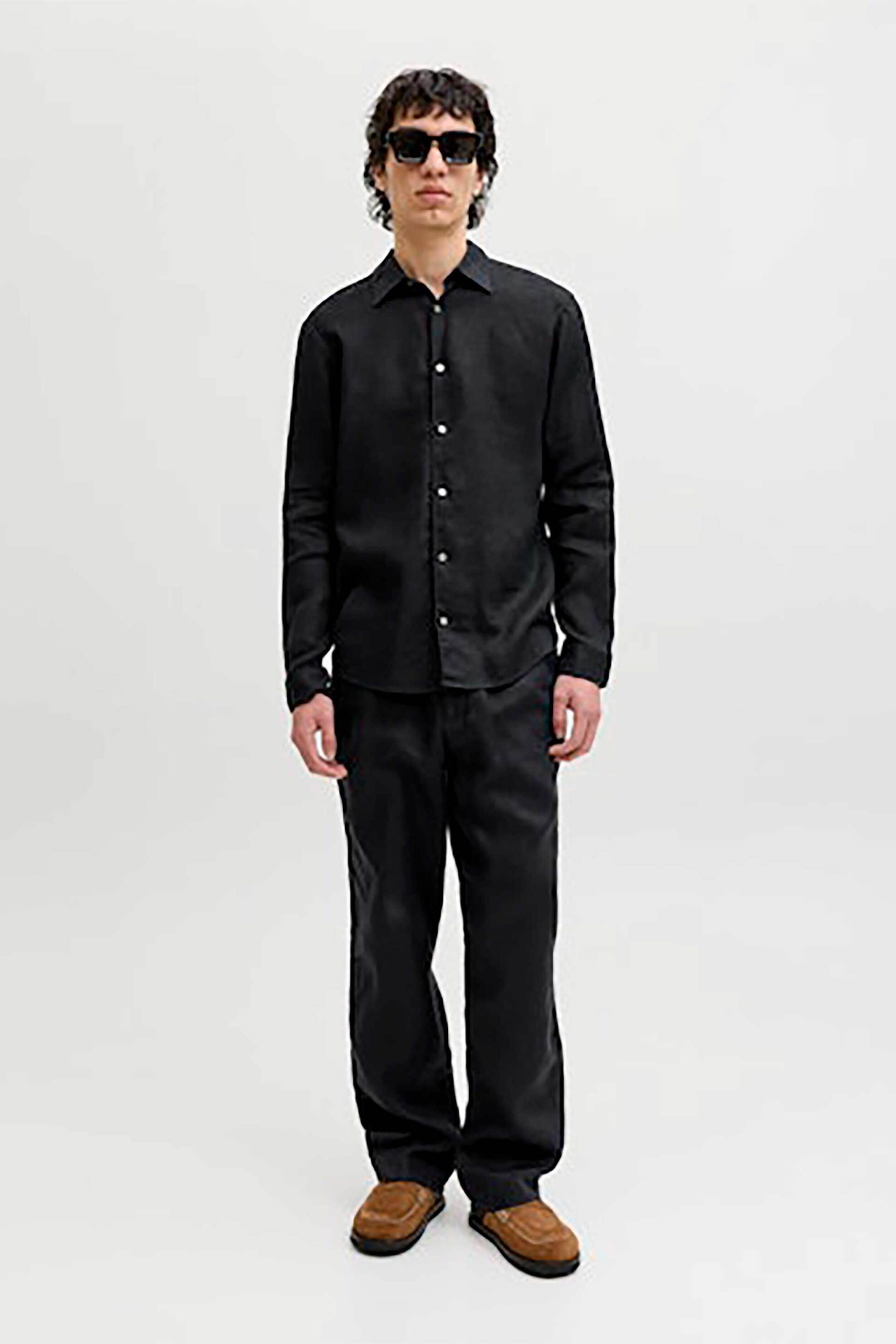 JACK & JONES ανδρικό λινό παντελόνι chino Loose Fit - 12253120 Μαύρο