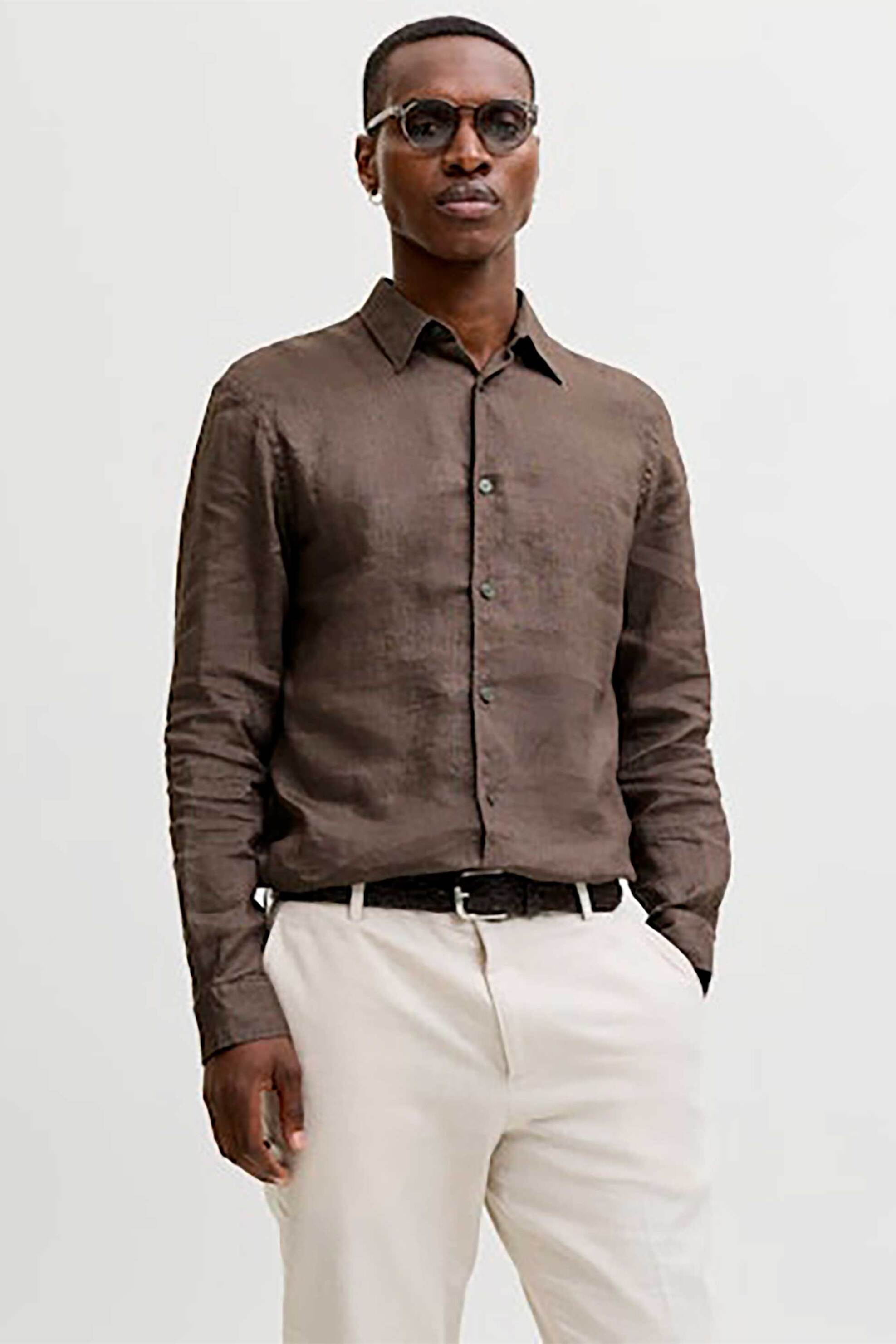 JACK & JONES ανδρικό λινό πουκάμισο Relaxed Fit - 12293563 Καφέ