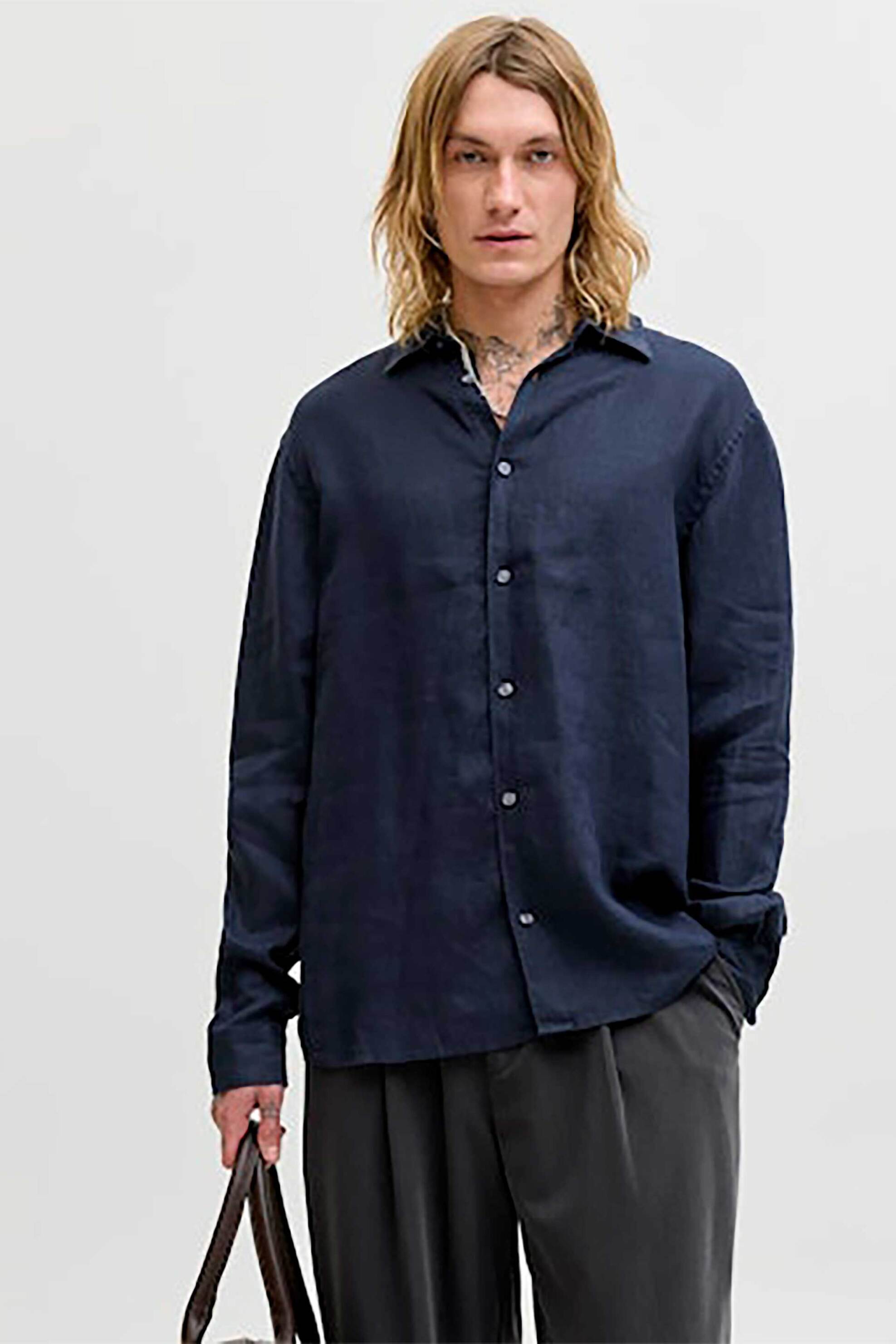 JACK & JONES ανδρικό λινό πουκάμισο Relaxed Fit - 12293563 Μπλε Σκούρο