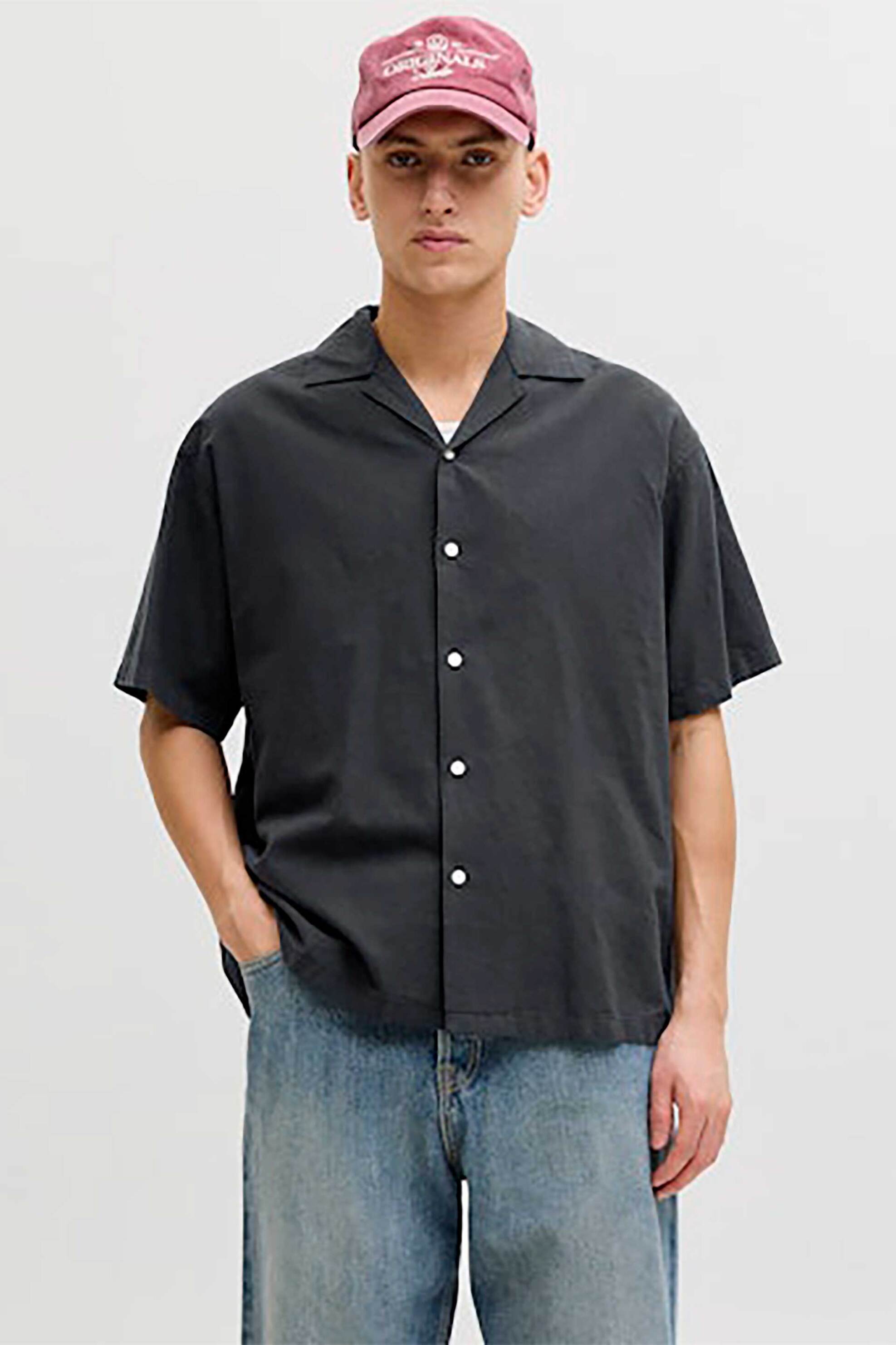 JACK & JONES JACK & JONES ανδρικό κοντομάνικο πουκάμισο με λινάρι Relaxed Fit - 12288594 Μαύρο