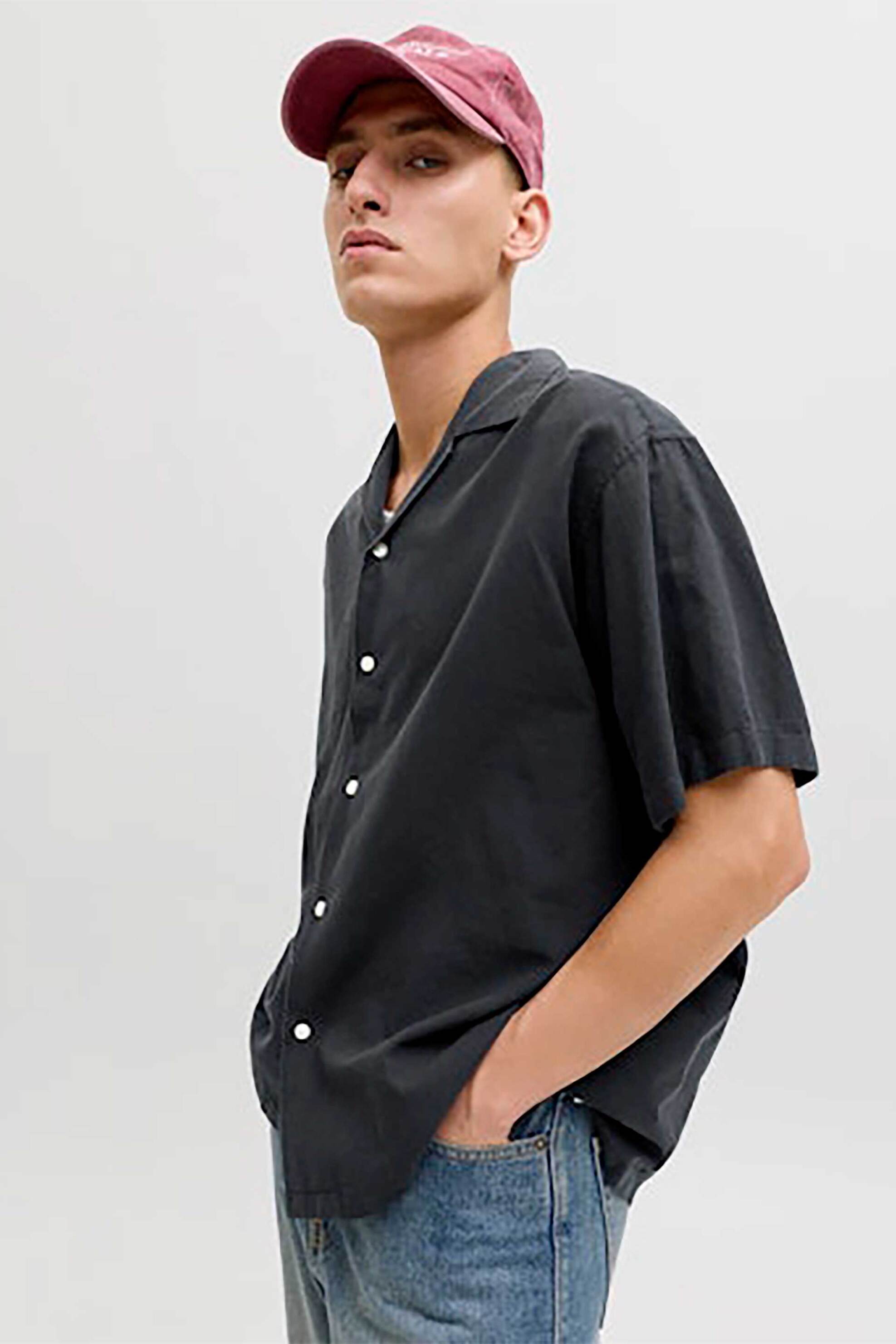 JACK & JONES ανδρικό κοντομάνικο πουκάμισο με λινάρι Relaxed Fit - 12288594 Μαύρο φωτογραφία