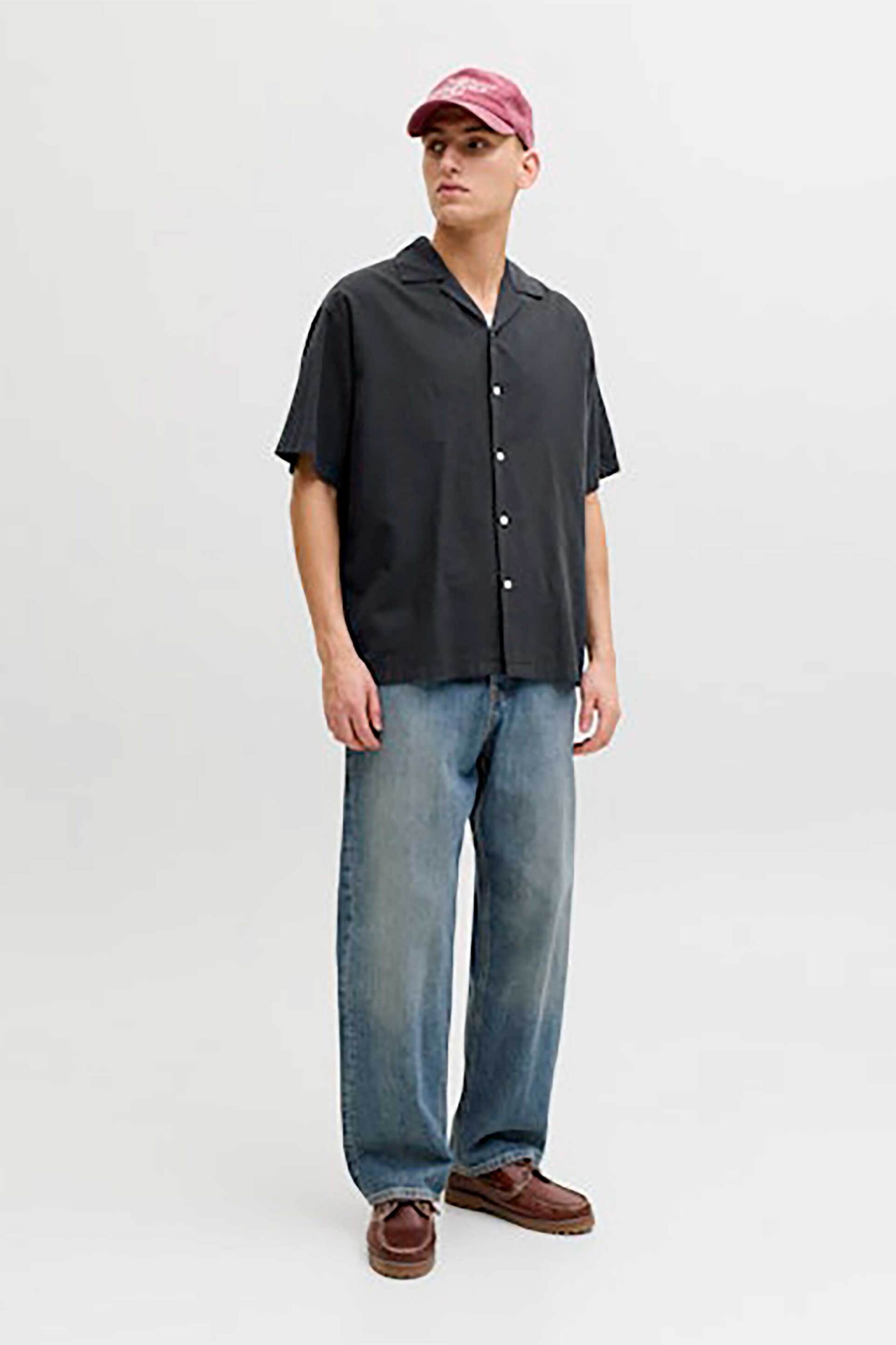 JACK & JONES ανδρικό κοντομάνικο πουκάμισο με λινάρι Relaxed Fit - 12288594 Μαύρο φωτογραφία