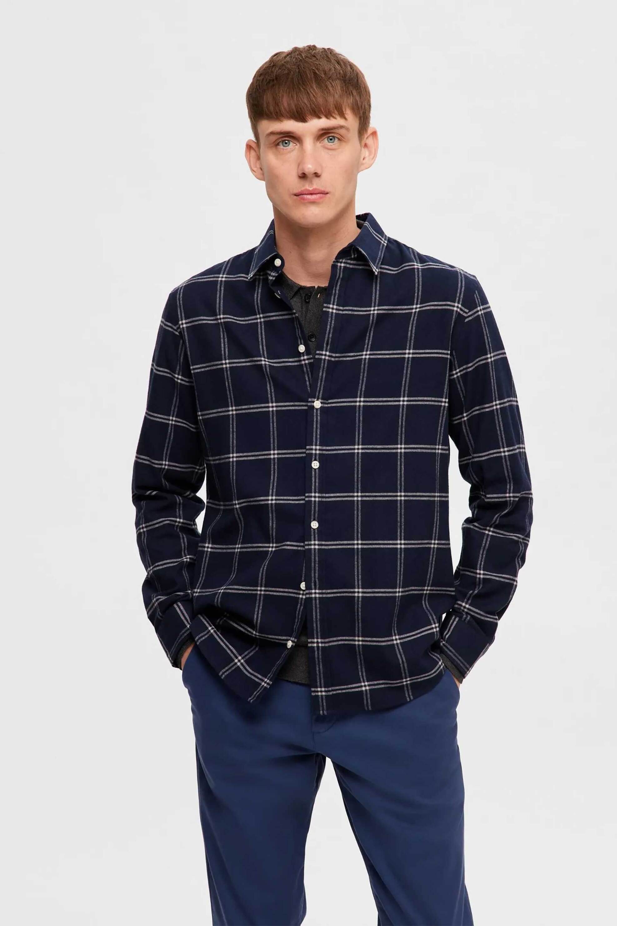 Selected ανδρικό πουκάμισο flannel Slim Fit - 16091358 Μπλε Σκούρο