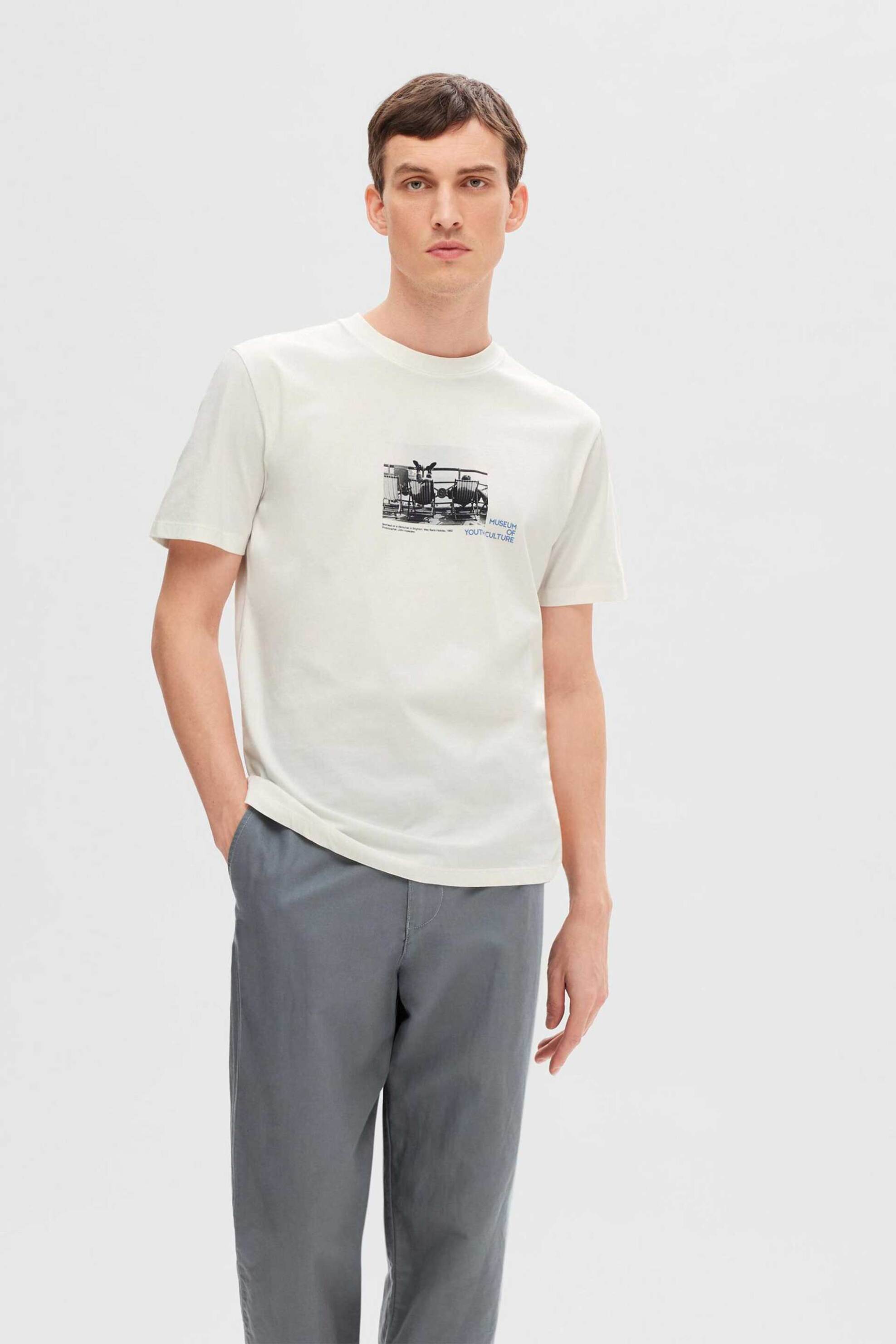 Selected ανδρικό T-shirt με print Regular Fit - 16092763 Λευκό