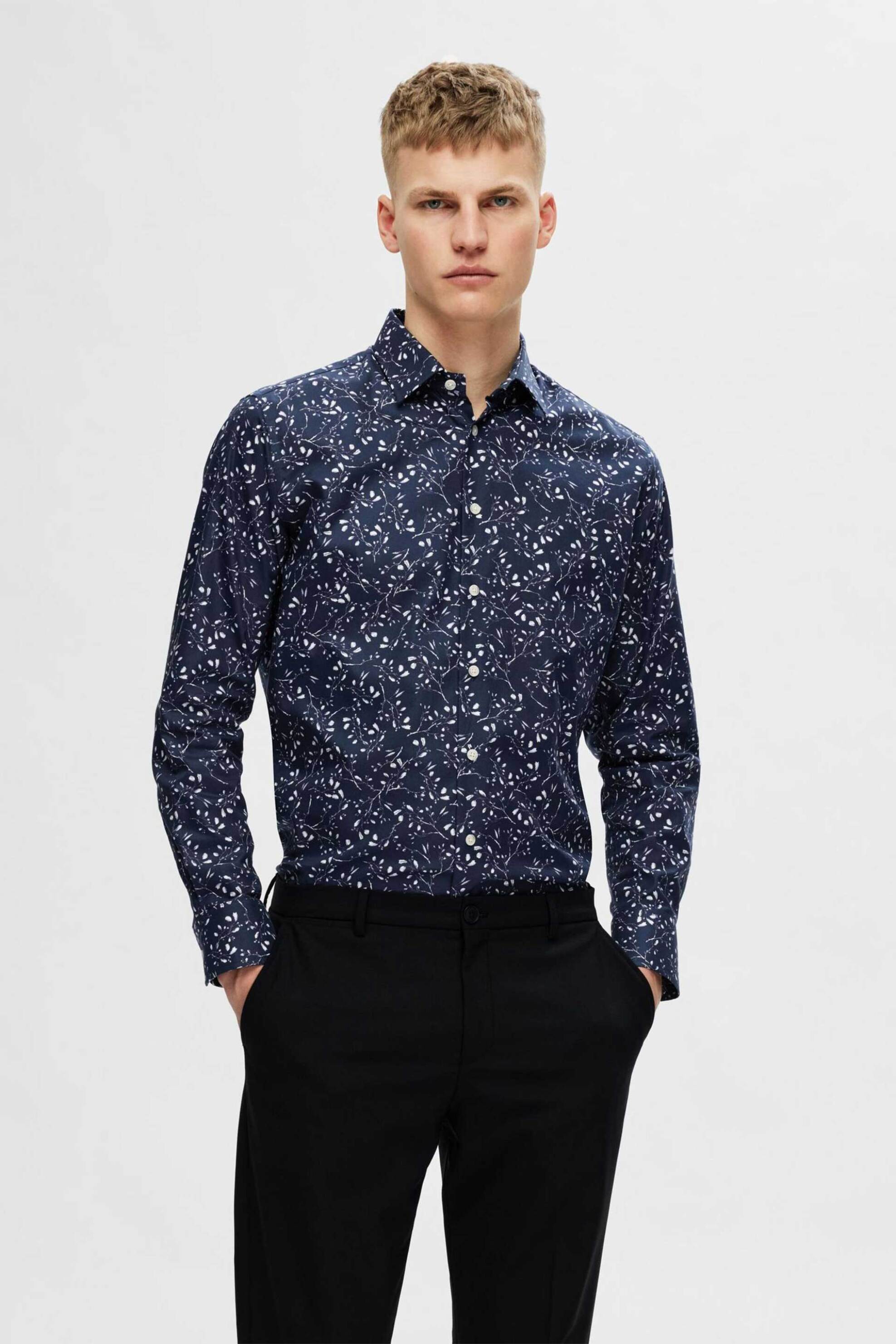 Selected ανδρικό πουκάμισο με all-over print Slim Fit - 16092996 Μπλε Σκούρο