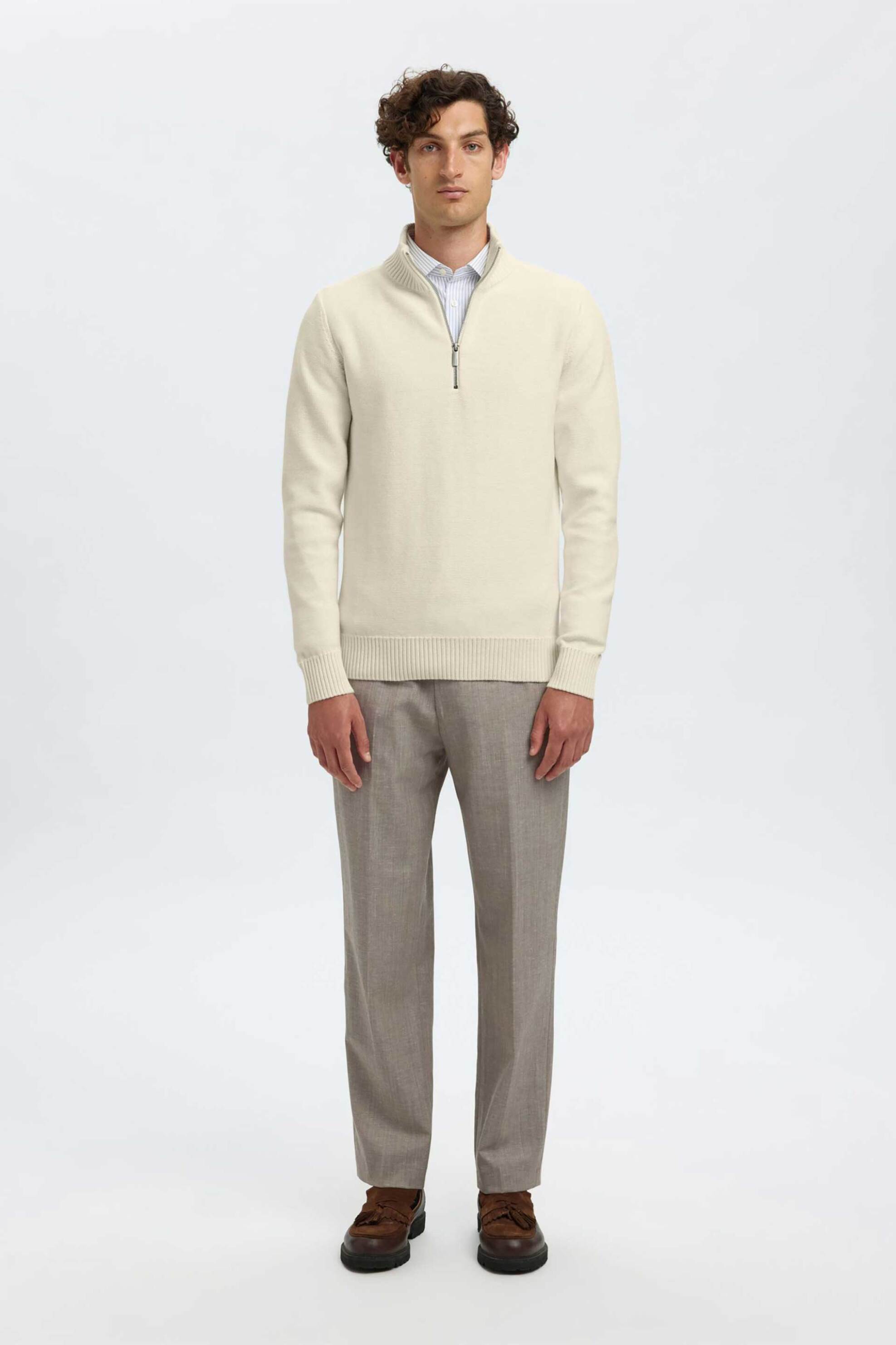 Selected ανδρικό πουλόβερ με ψηλό λαιμό και 1/2 φερμουάρ Regular Fit - 16092550 Κρέμ φωτογραφία