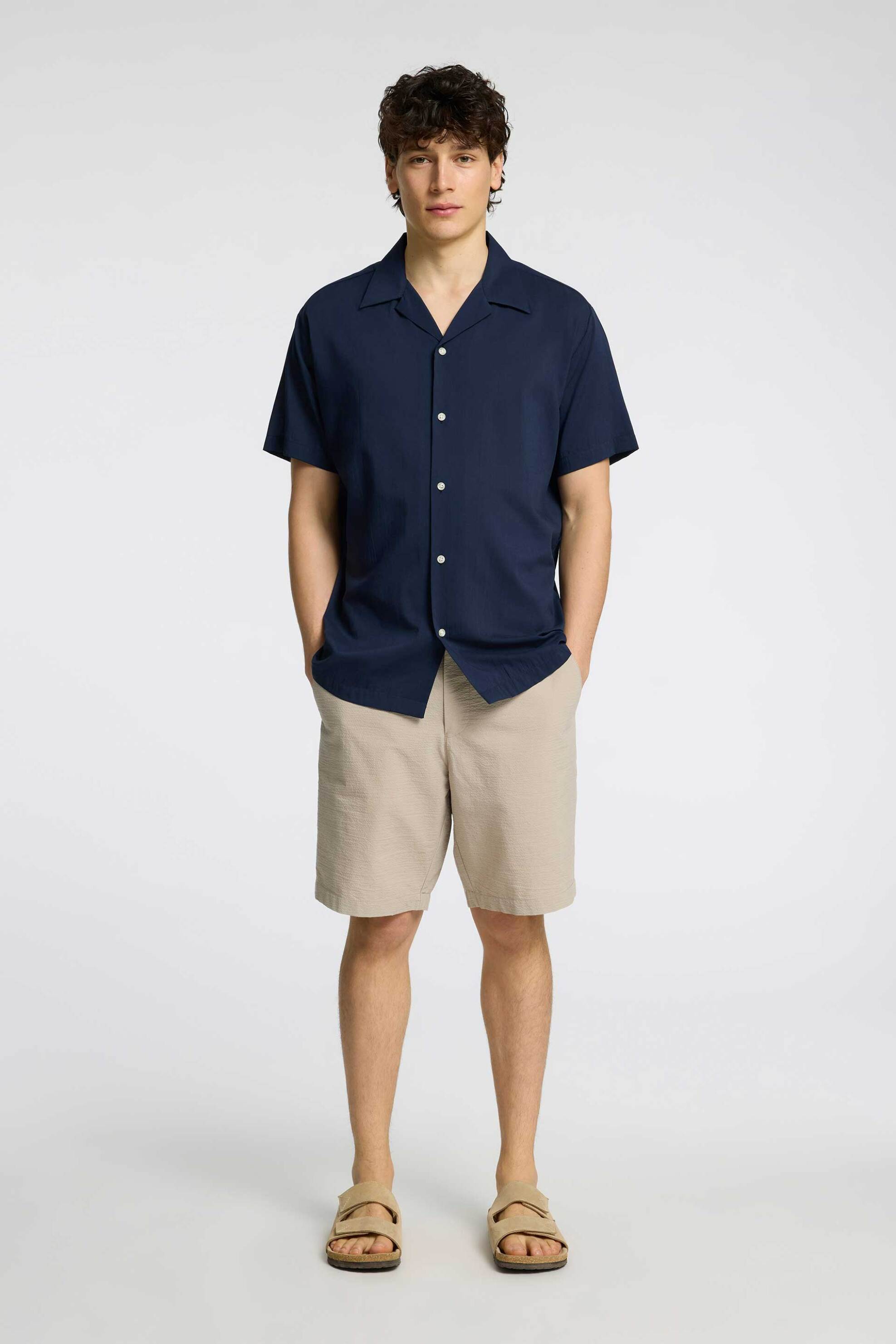 Selected ανδρική βερμούδα μονόχρωμη με λινό Regular Fit - 16092367 Μπεζ