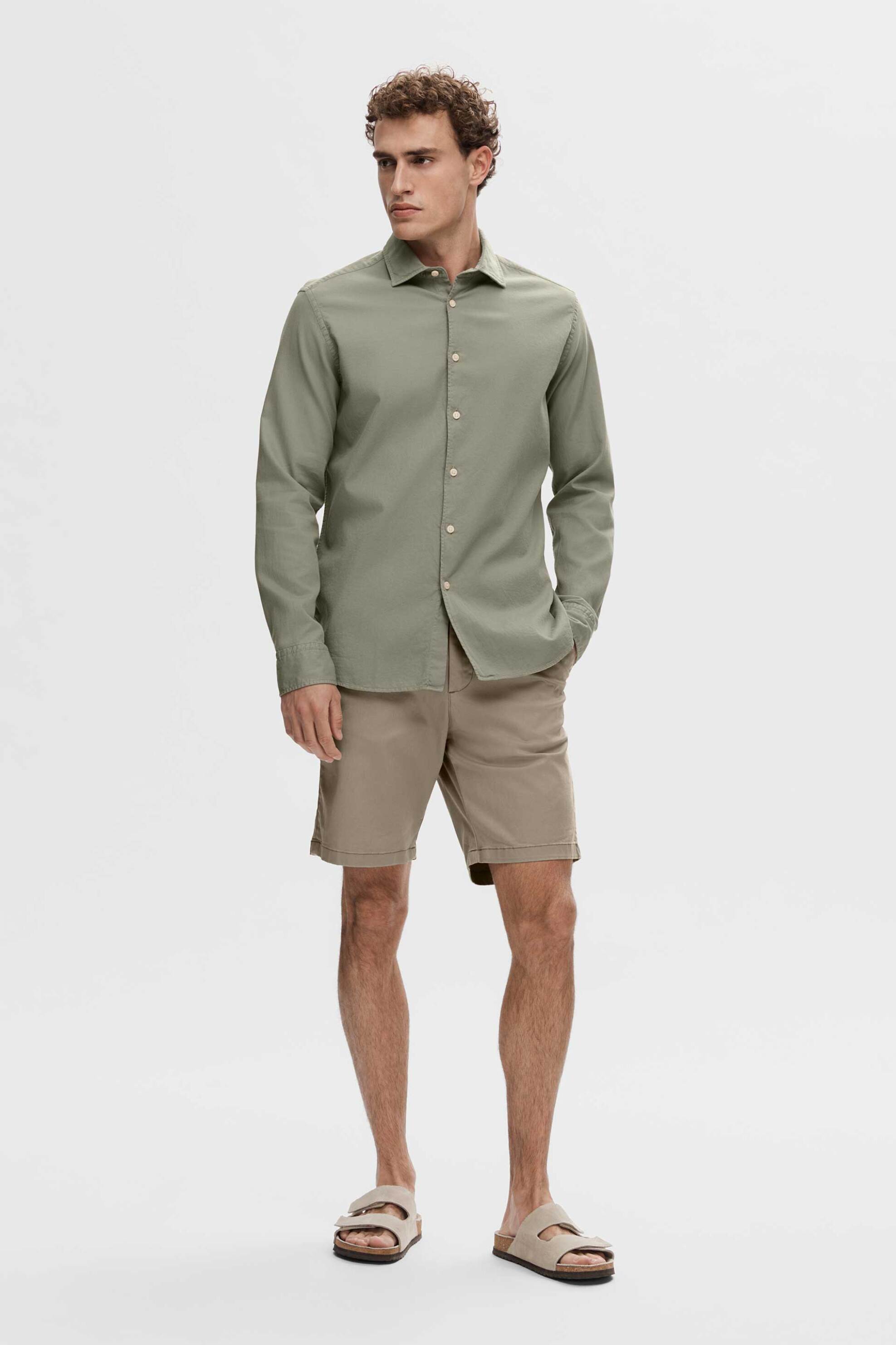 Selected ανδρική βερμούδα μονόχρωμη Slim Fit - 16092329 Μπεζ