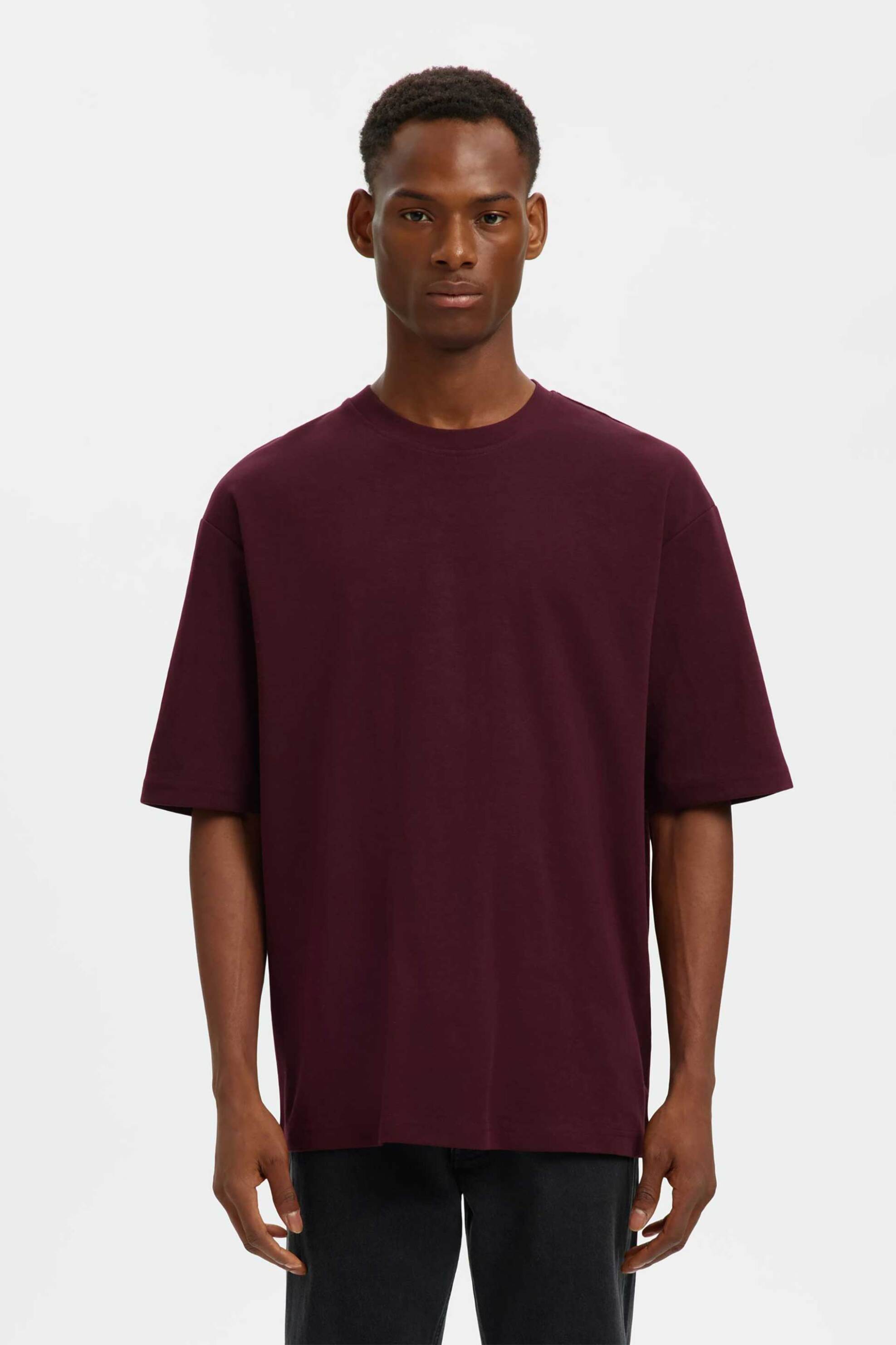 Selected ανδρικό T-shirt μονόχρωμο Oversized Fit - 16094143 Μπορντό