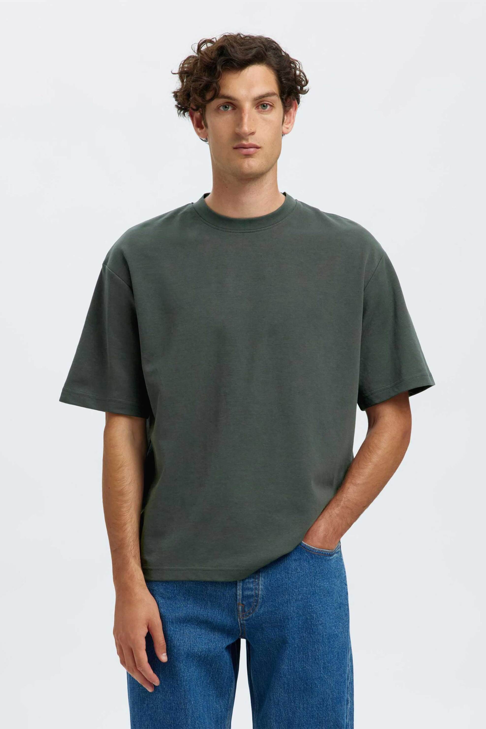 Selected ανδρικό T-shirt μονόχρωμο Oversized Fit - 16094143 Κυπαρισσί