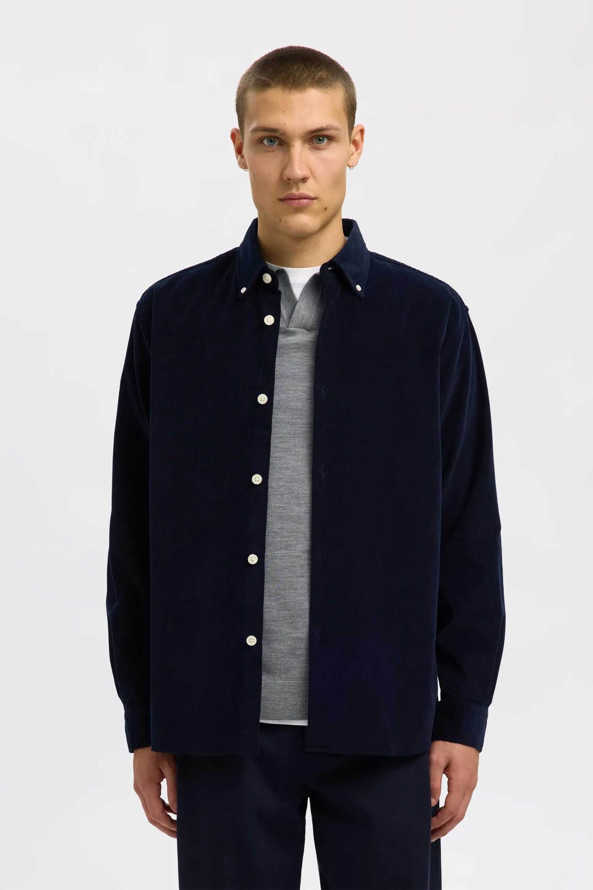 Selected ανδρικό πουκάμισο κοτλέ button down Regular Fit - 16098418 Μπλε Σκούρο