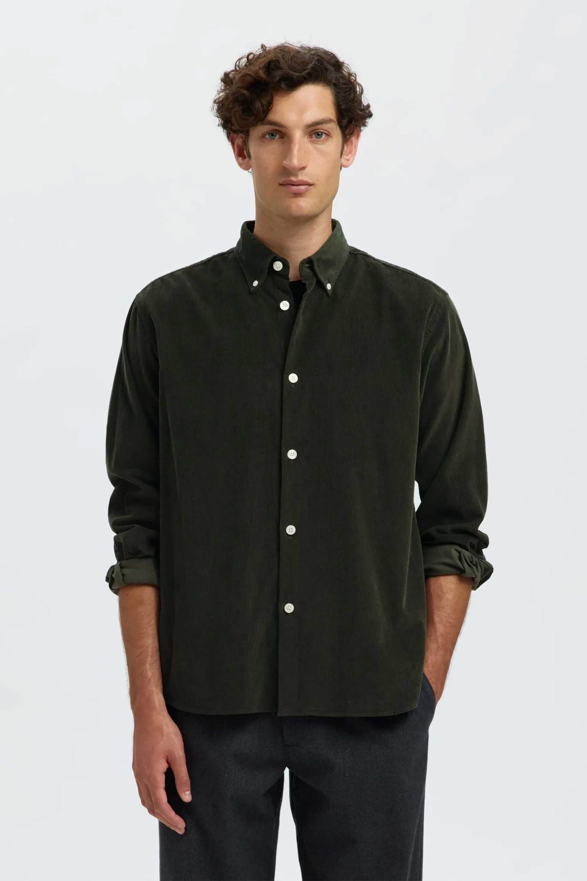 Selected ανδρικό πουκάμισο κοτλέ button down Regular Fit - 16098418 Κυπαρισσί