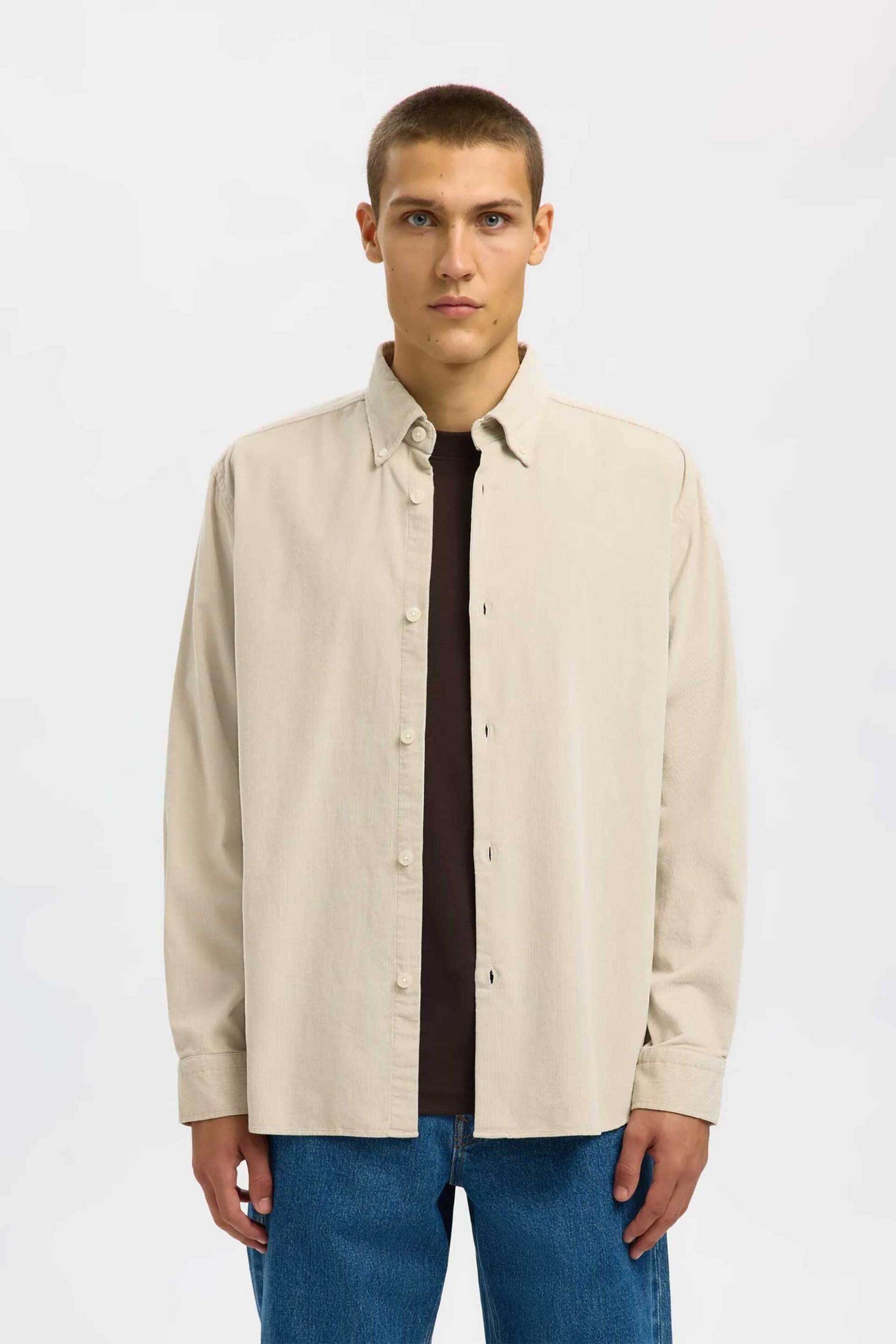 Selected ανδρικό πουκάμισο κοτλέ button down Regular Fit - 16098418 Εκρού