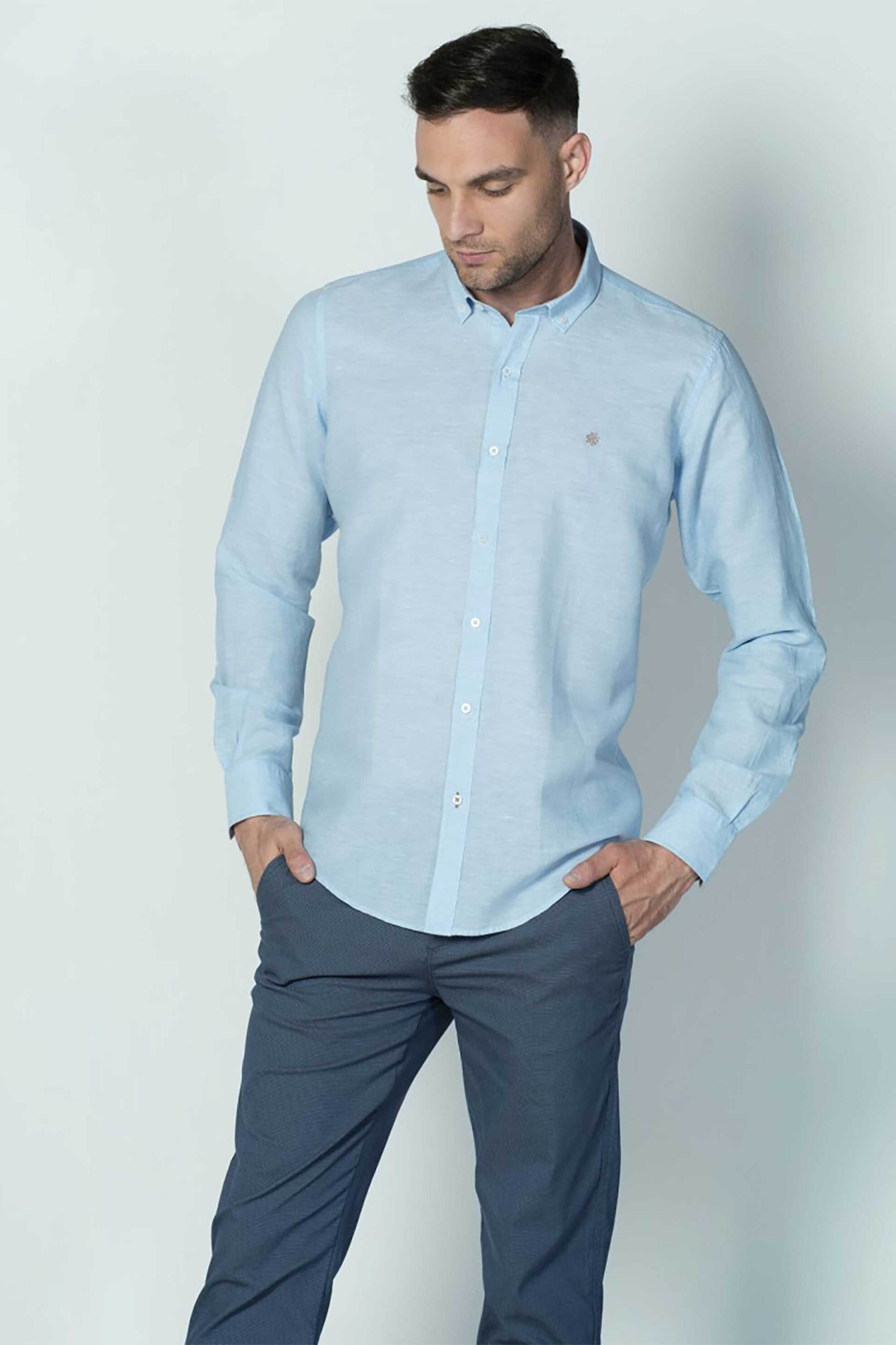 DORS Dors ανδρικό πουκάμισο button down από λινάρι και βαμβάκι με κεντημένο λογότυπο Regular Fit - 1036011.C09 Γαλάζιο