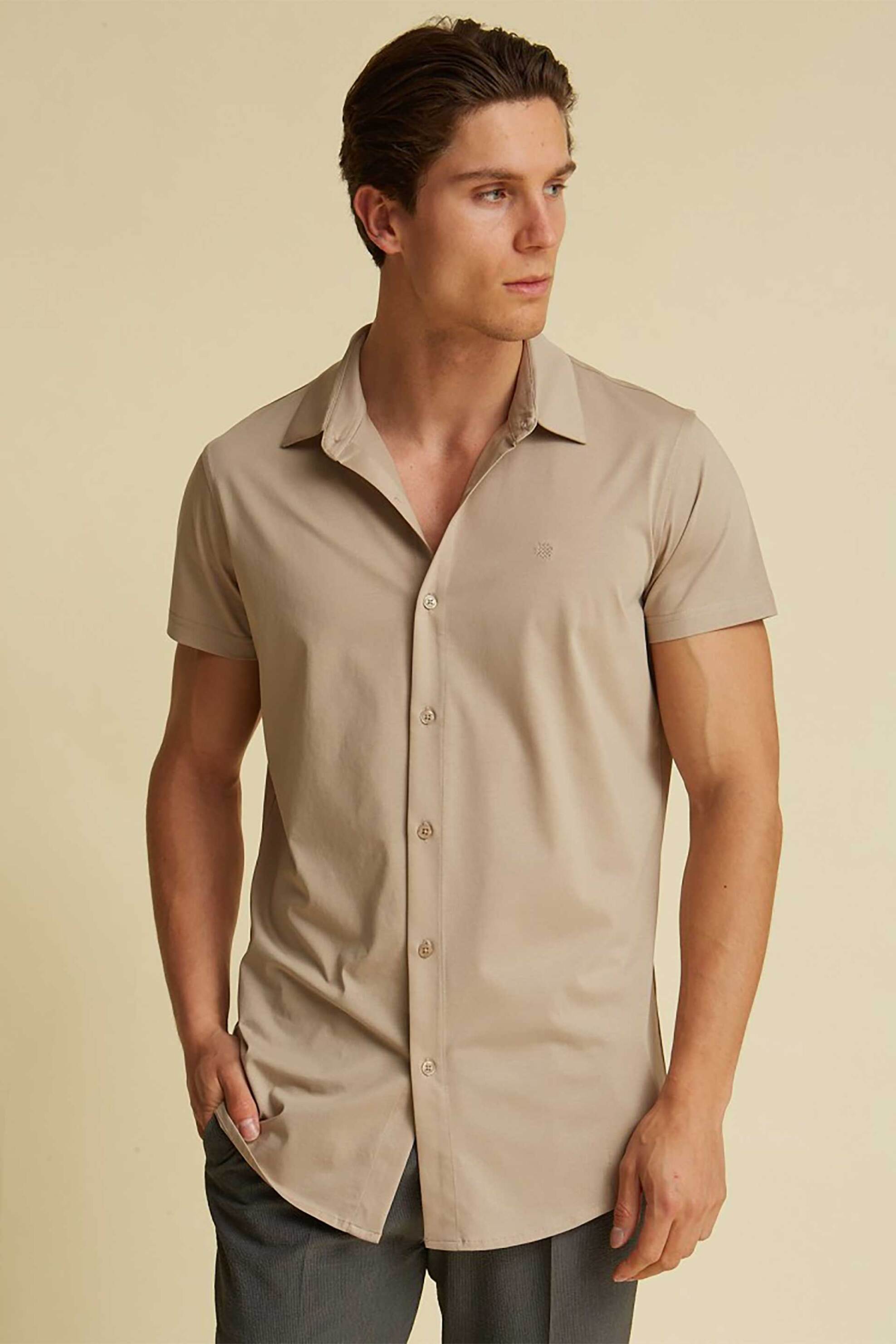 DORS ανδρικό πλεκτό πουκάμισο μονόχρωμο - 1038035.C01 Μπεζ