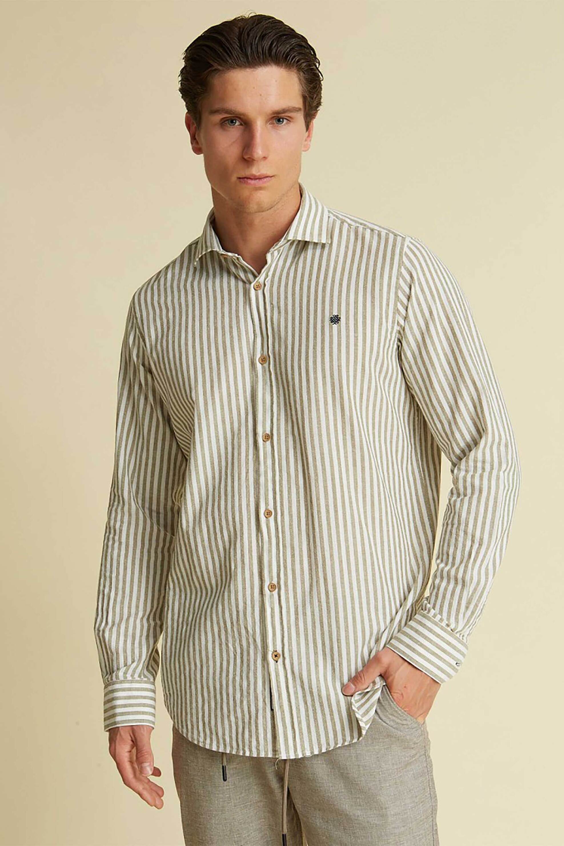 DORS ανδρικό πουκάμισο με ριγέ σχέδιο και κεντημένο λογότυπο - 1038021.C03 Λαδί