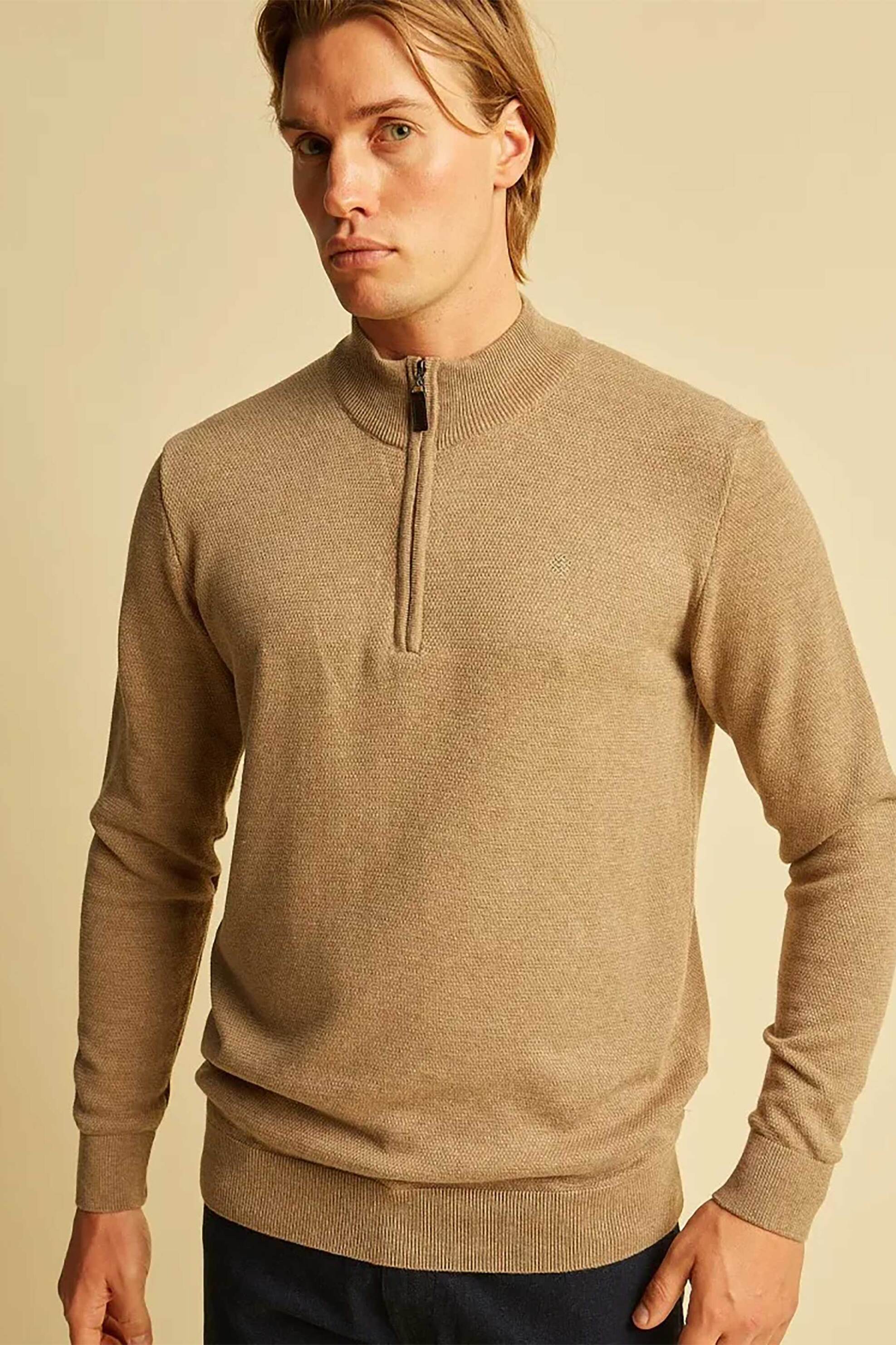 Dors ανδρικό πουλόβερ μονόχρωμο με half zip Regular Fit - 1239011.C01 Μπεζ