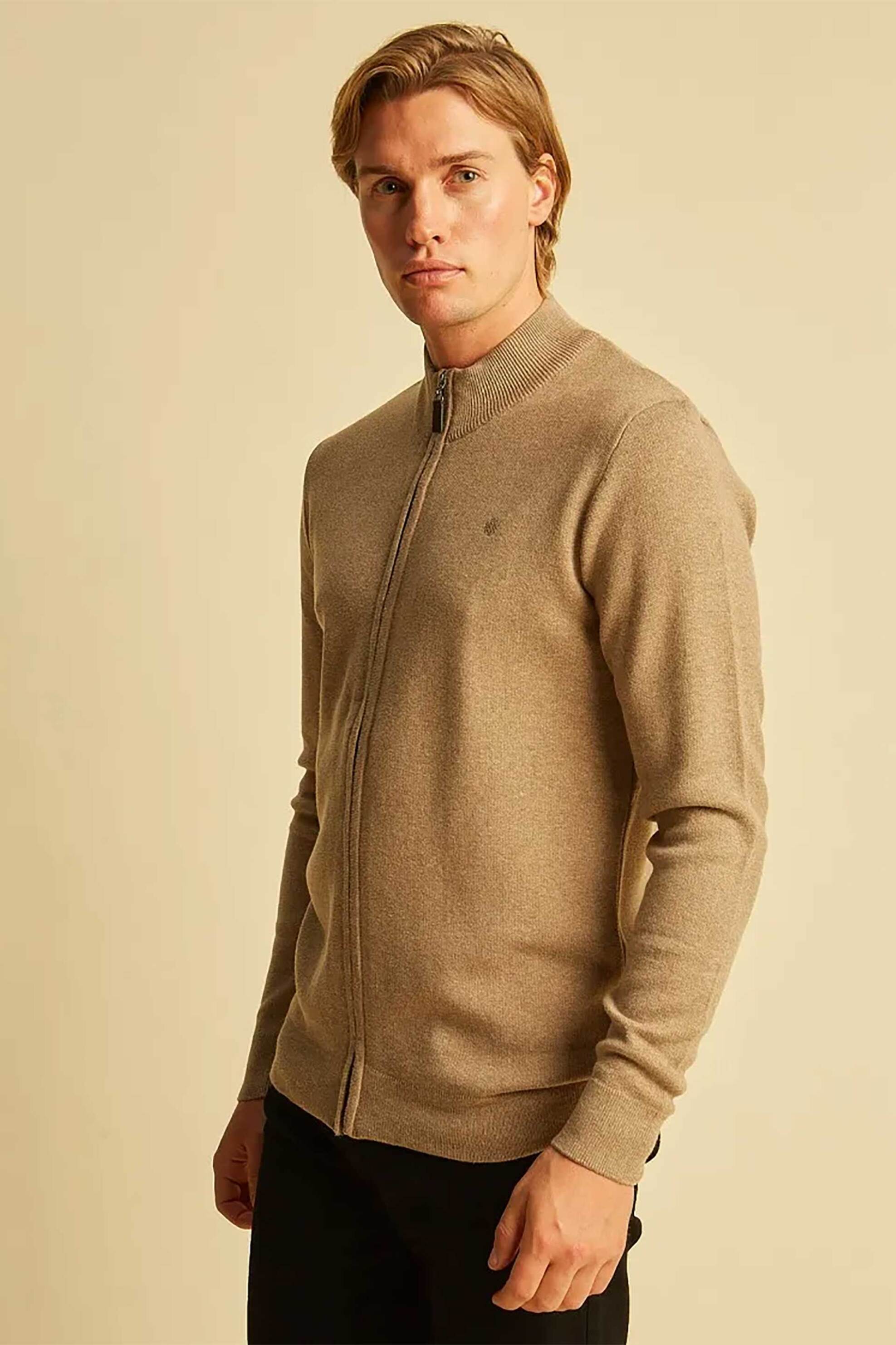 Dors ανδρική πλεκτή ζακέτα μονόχρωμη με κεντημένο λογότυπο - 1239013.C01 Μπεζ