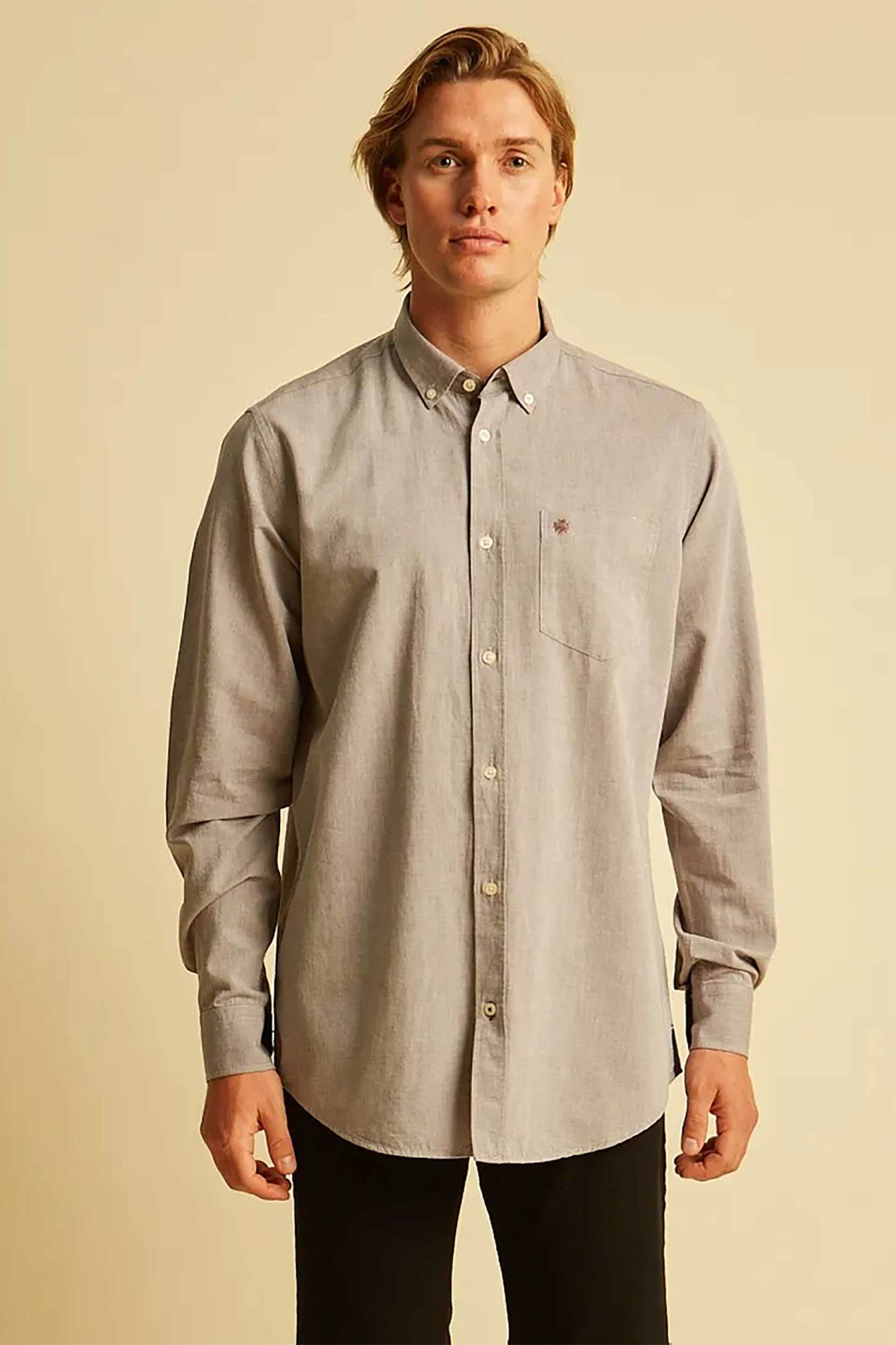 DORS ανδρικό πουκάμισο μονόχρωμο oxford με λογότυπο στο στήθος - 1039002.C01 Μπεζ