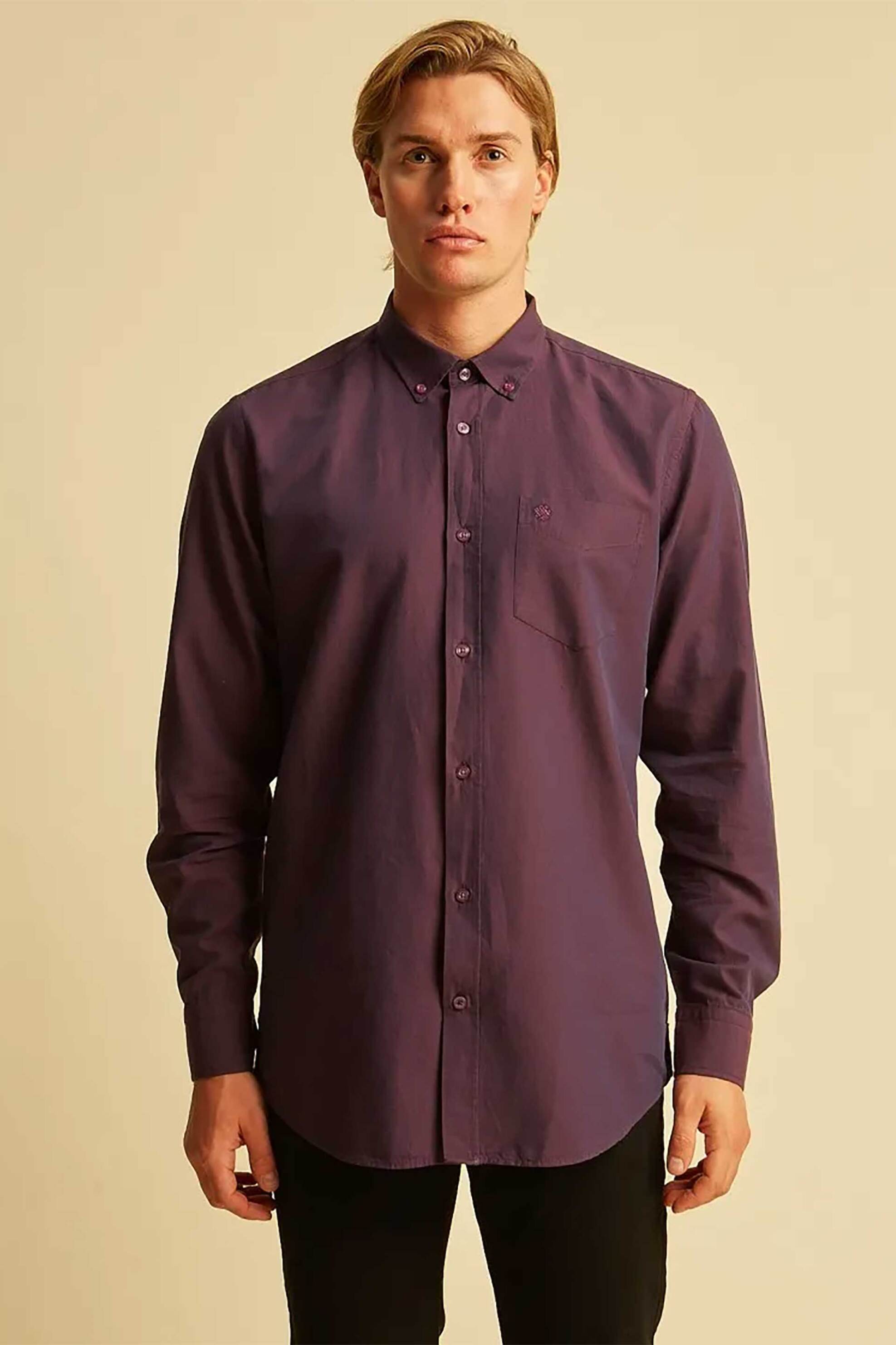 DORS ανδρικό πουκάμισο μονόχρωμο oxford με λογότυπο στο στήθος - 1039002.C02 Μοβ