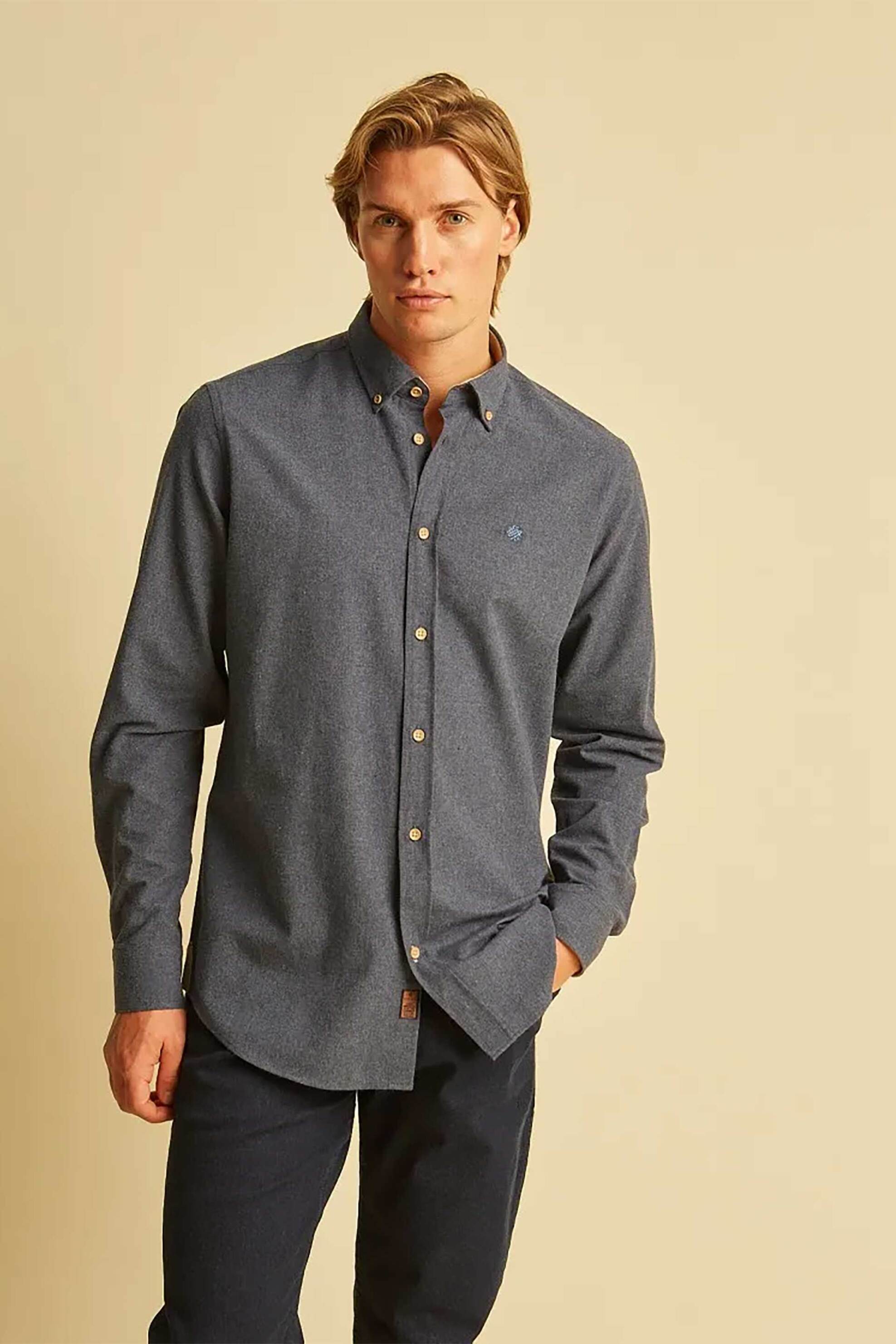 DORS ανδρικό πουκάμισο μονόχρωμο με λογότυπο στο στήθος Regular Fit - 1039010.C02 Γκρι Γαλάζιο