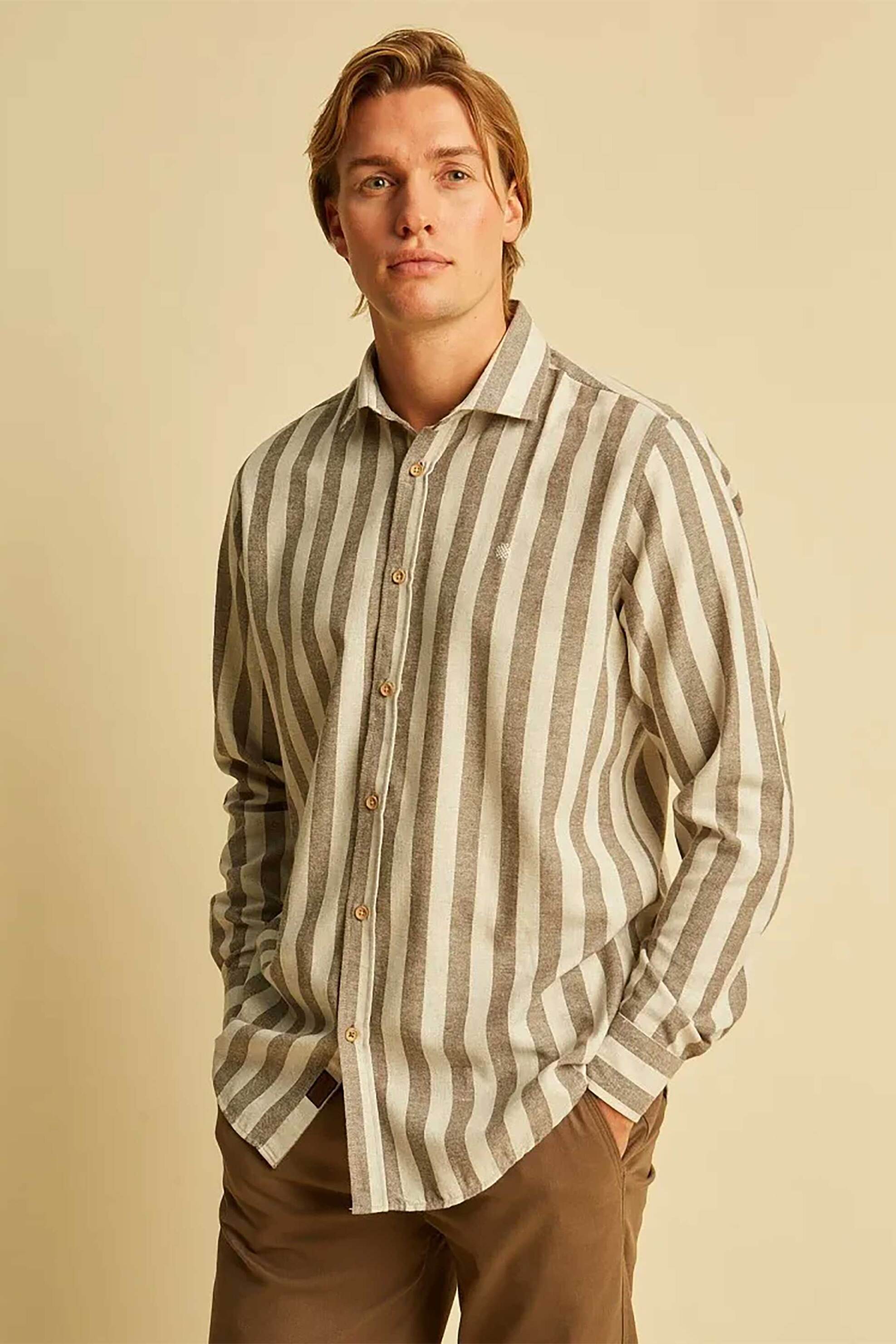 DORS ανδρικό πουκάμισο με ριγέ σχέδιο και λογότυπο στο στήθος - 1039017.C01 Χακί