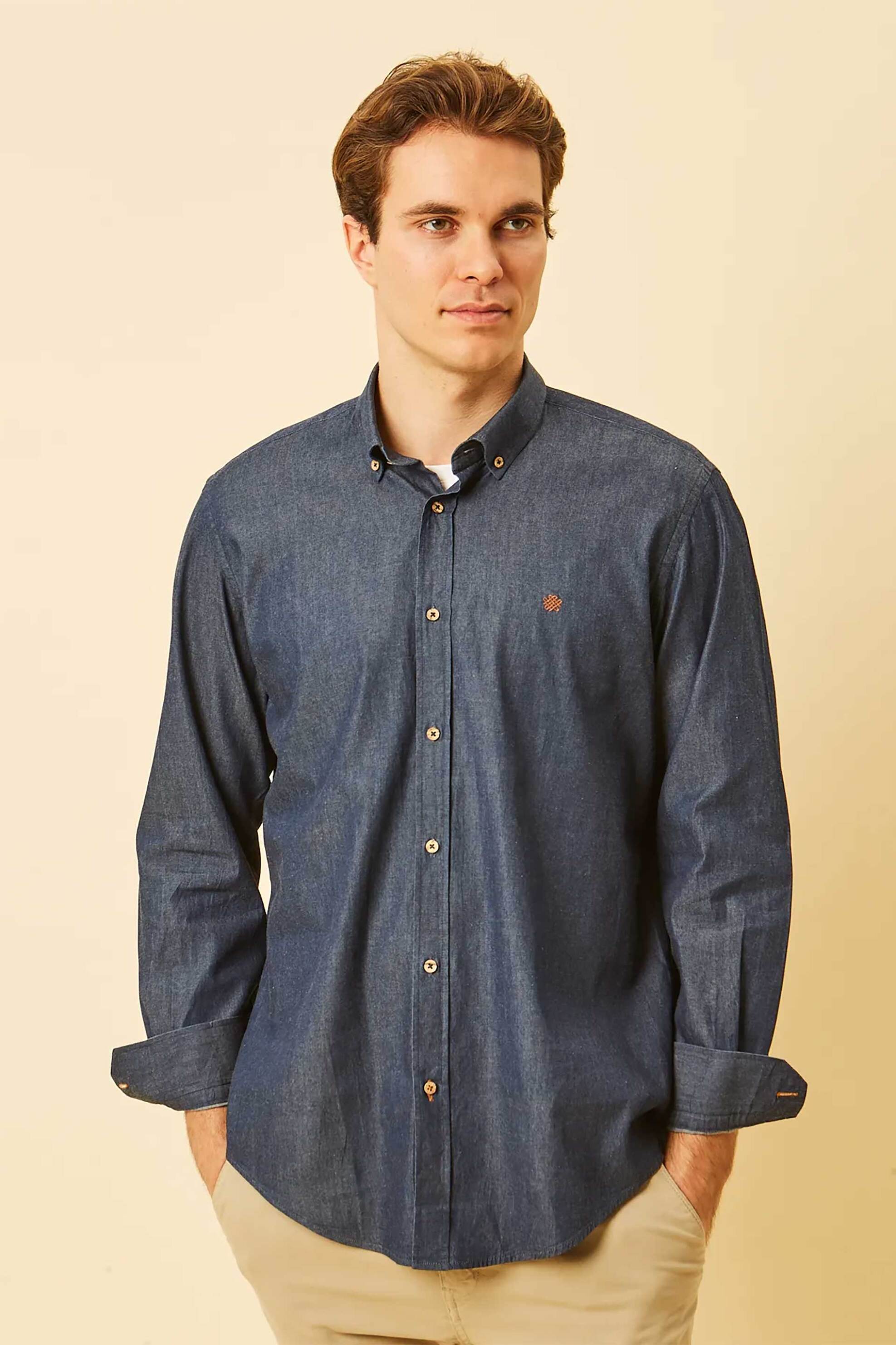 DORS ανδρικό denim πουκάμισο button down με κεντημένο λογότυπο Regular Fit - 1040003.C01 Denim Blue Σκούρο
