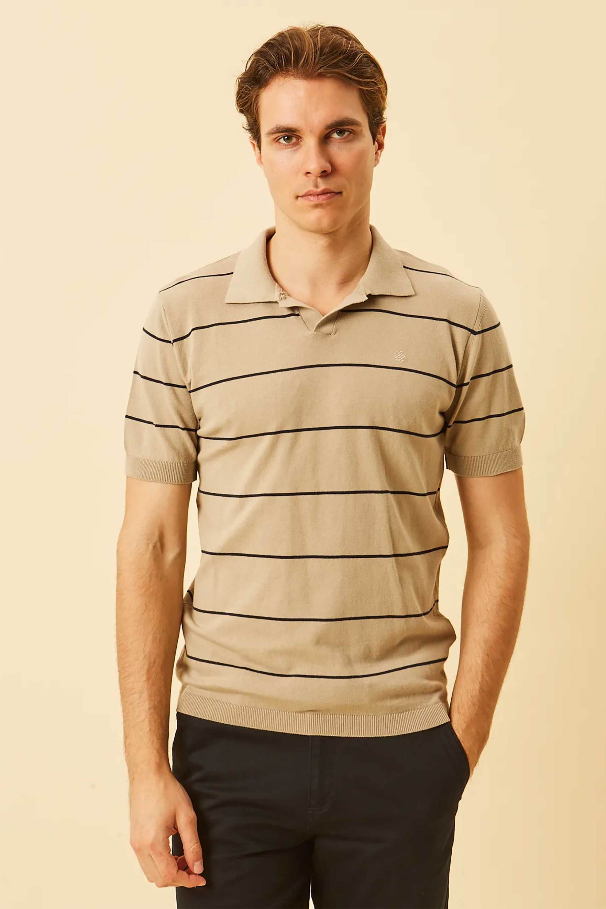 DORS ανδρική πλεκτή μπλούζα πόλο με V open-collar και ριγέ σχέδιο Regular Fit - 1240004.C01 Μπεζ