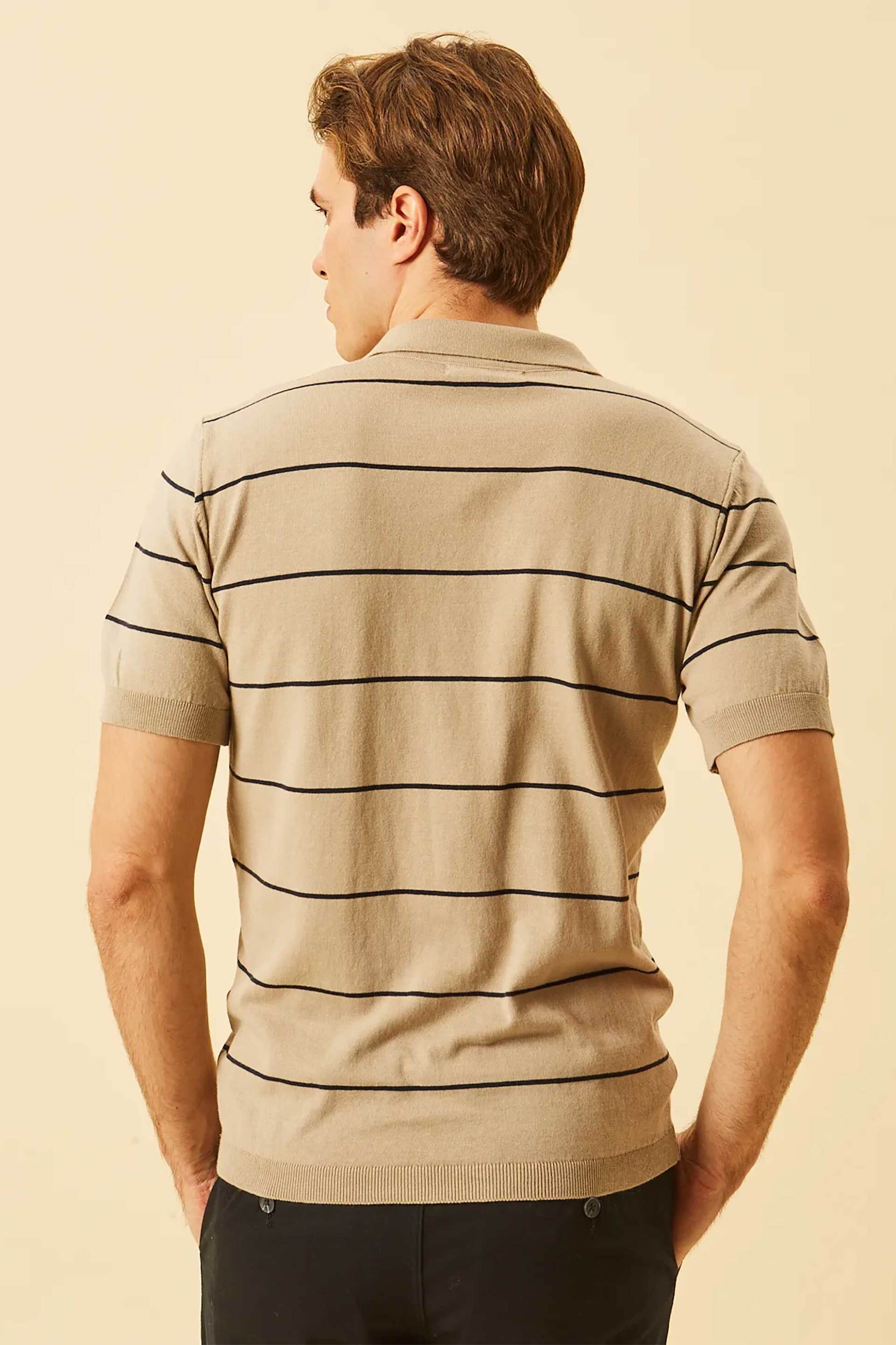 Dors Ανδρική Πλεκτή Μπλούζα Πόλο με V Open-Collar Και Ριγέ Σχέδιο Regular Fit - 1240004 C01 Μπεζ