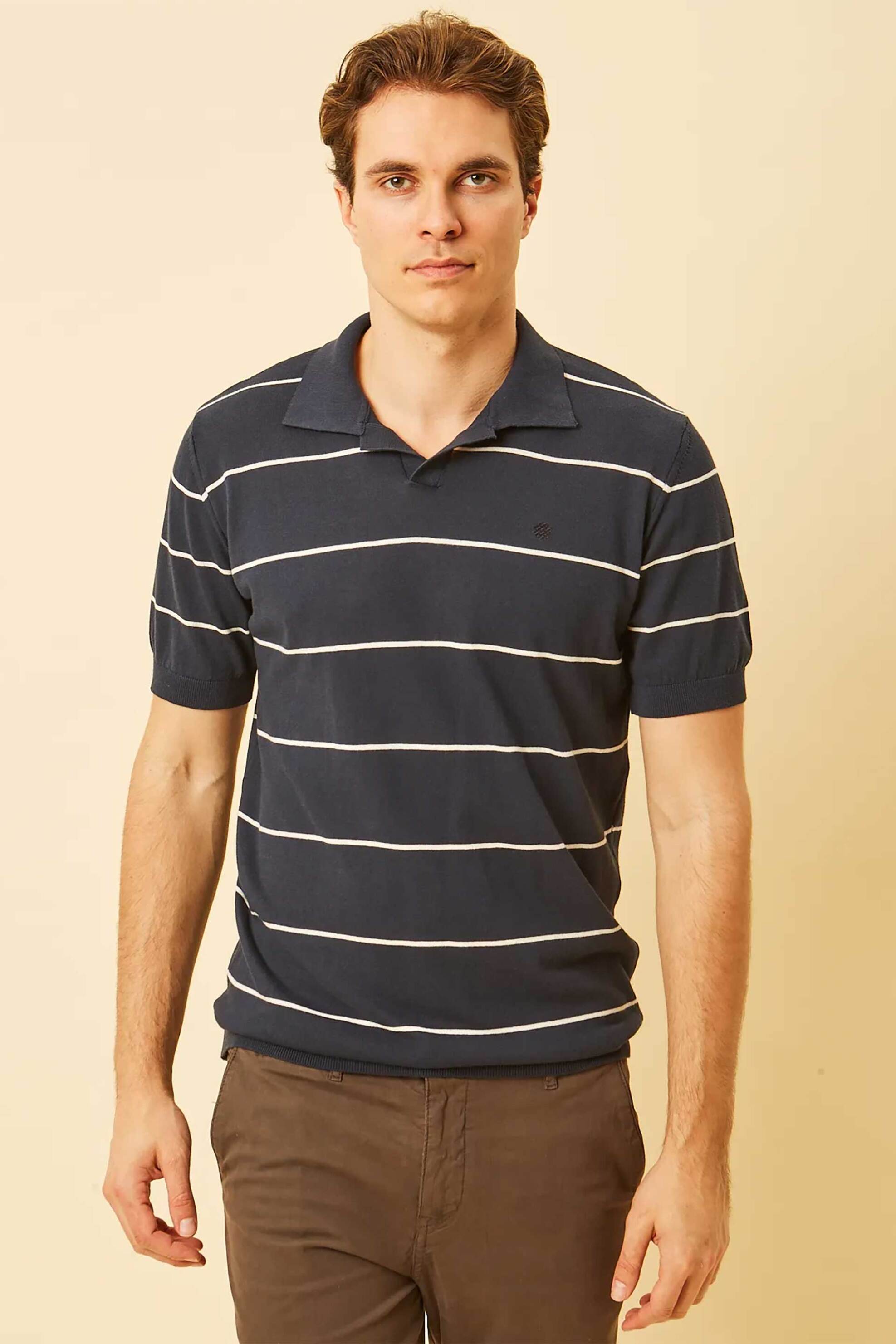 DORS ανδρική πλεκτή μπλούζα πόλο με V open-collar και ριγέ σχέδιο Regular Fit - 1240004.C02 Μπλε Σκούρο