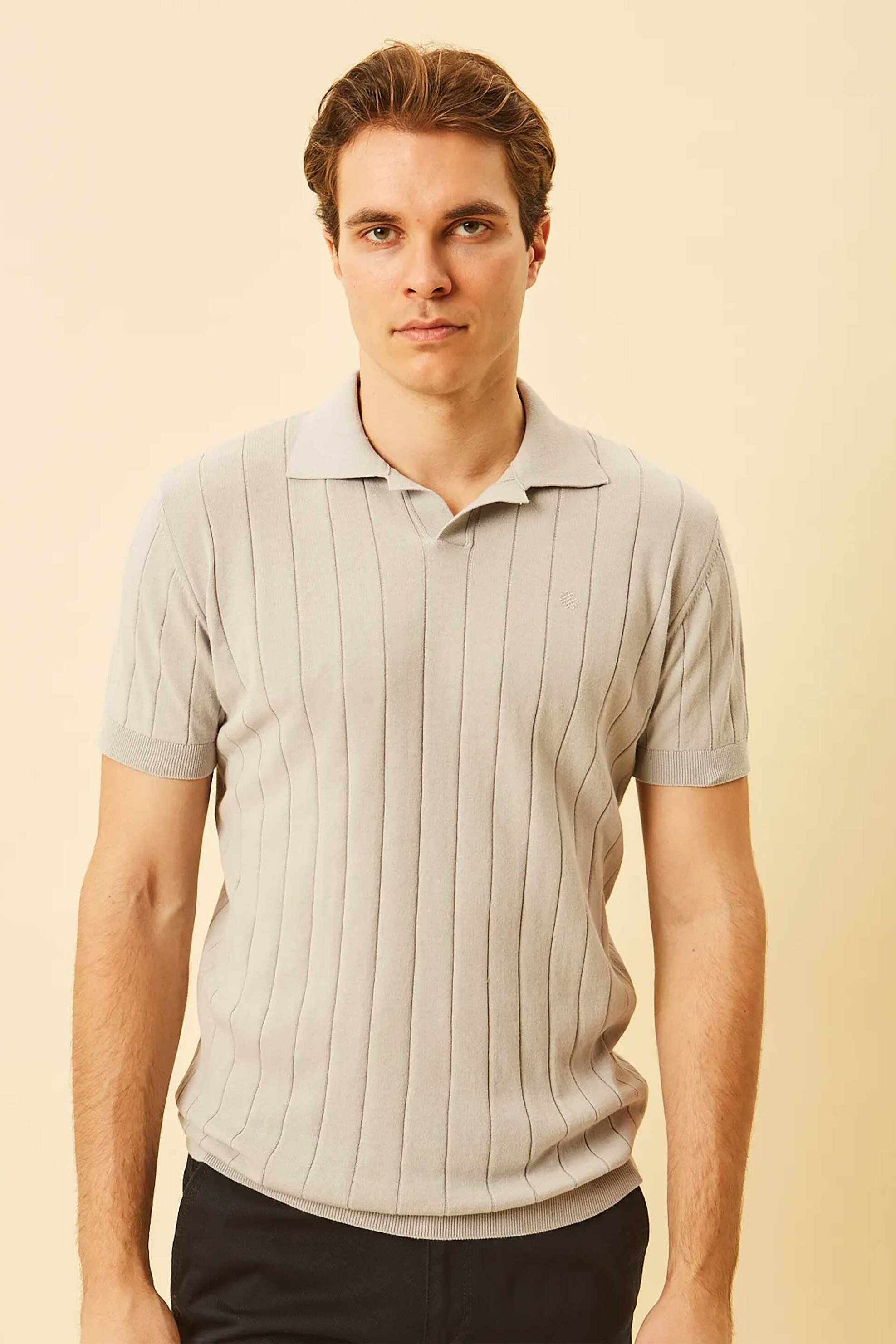 DORS ανδρική πλεκτή μπλούζα πόλο με V open-collar και ριγέ σχέδιο Regular Fit - 1240001.C03 Γκρι Ανοιχτό