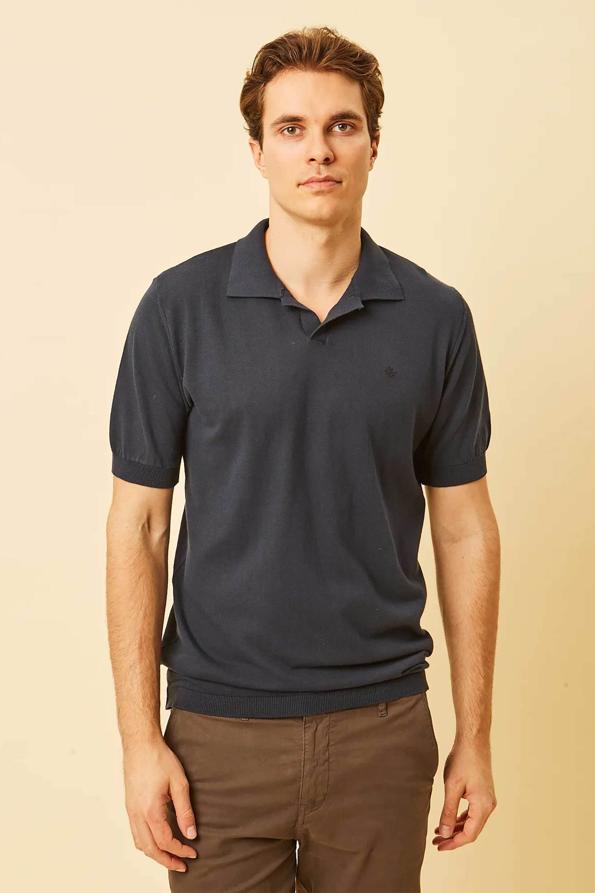 DORS ανδρική πλεκτή μπλούζα πόλο με V open-collar και κεντημένο λογότυπο Regular Fit - 1240003.C03 Μπλε Σκούρο