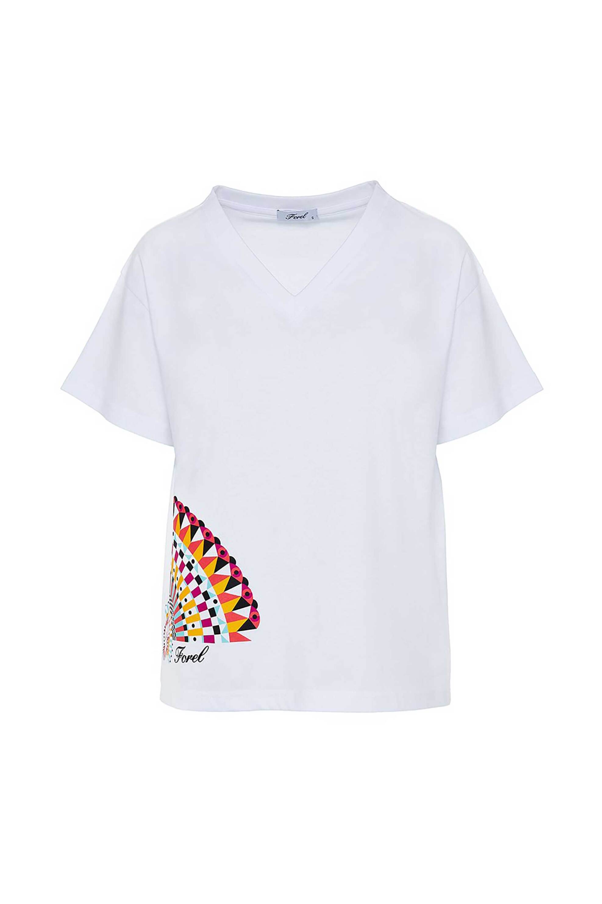 Forel γυναικείο T-shirt μονόχρωμο βαμβακερό με contrast geometric και logo print - 078.10.04.011 Λευκό