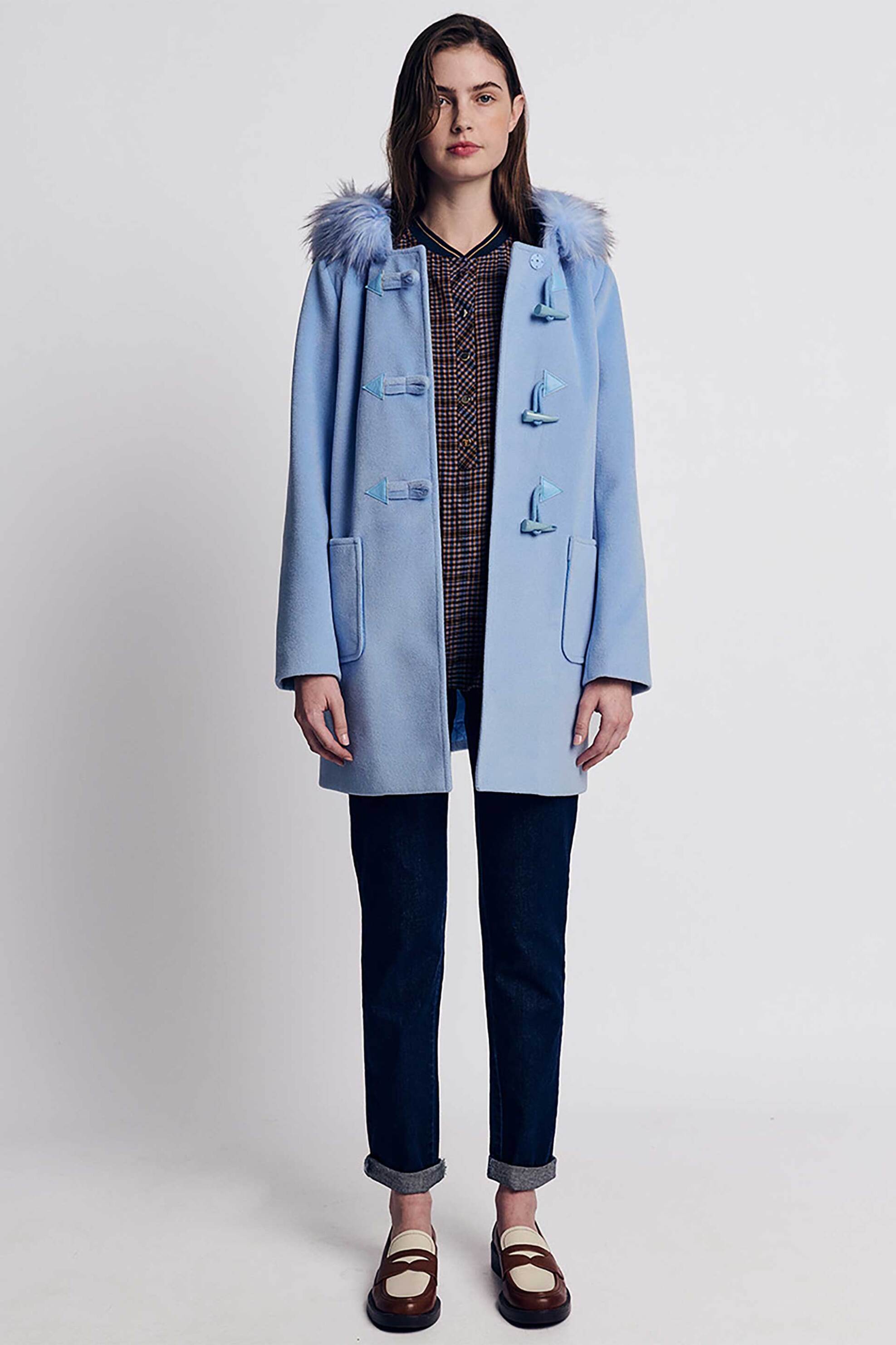 Forel γυναικείο παλτό μονόχρωμο με γούνα στην κουκούλα - 079.70.01.016 Σιελ φωτογραφία