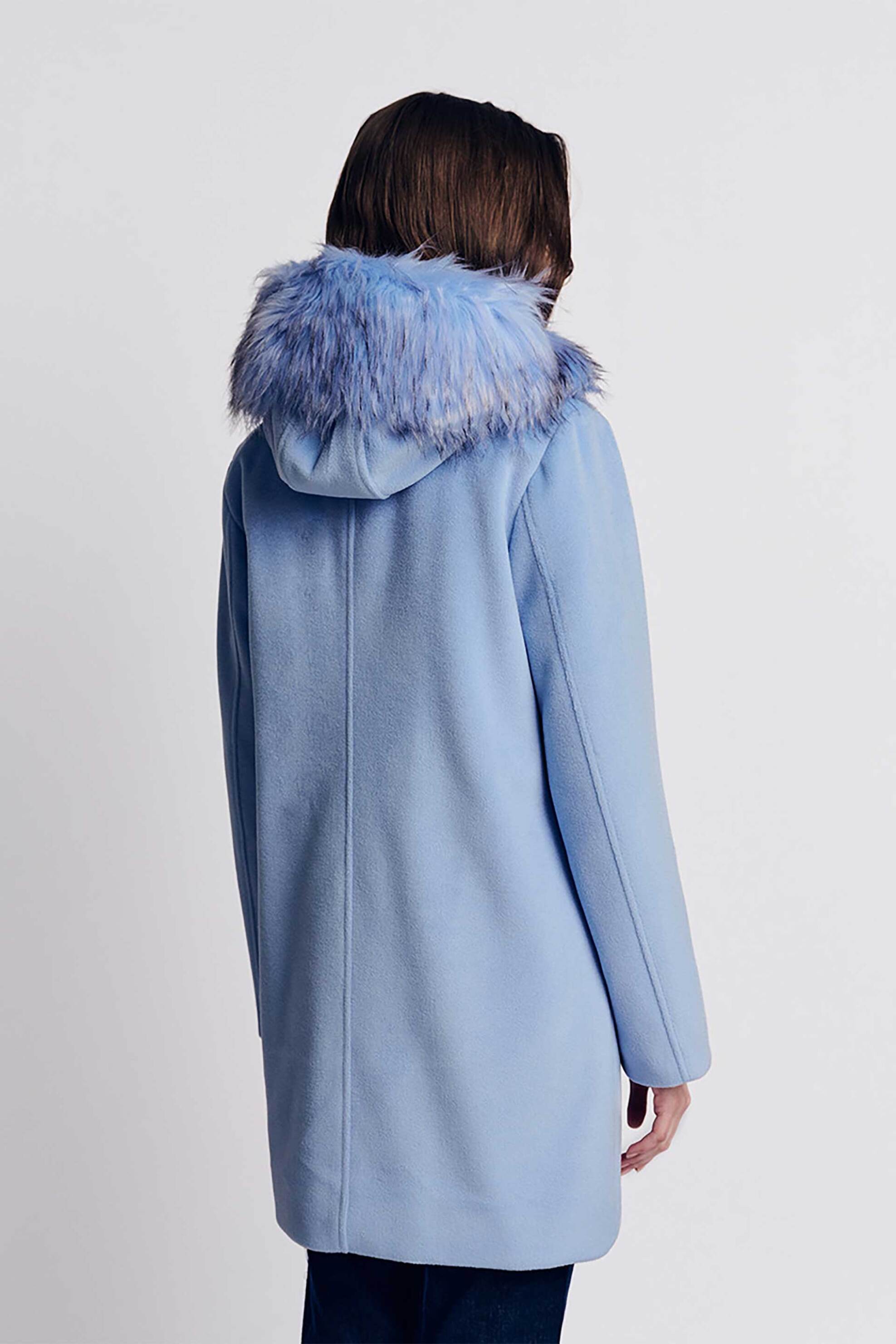 Forel γυναικείο παλτό μονόχρωμο με γούνα στην κουκούλα - 079.70.01.016 Σιελ φωτογραφία